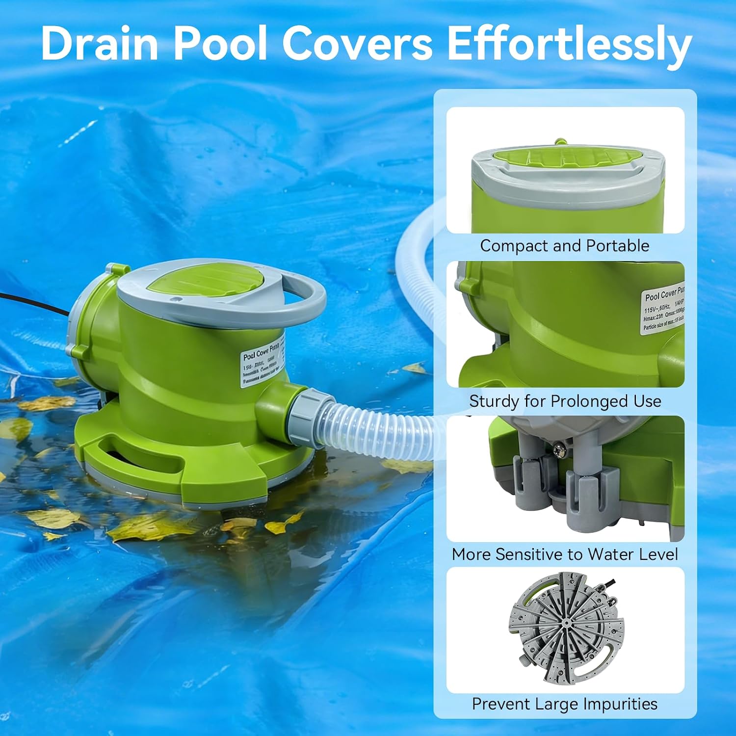 1/4 HP Automatic Swimming Pool Cover Pump, Submersible Sump Pump | 1800 GPH 25FT Head Submersible Sump Pump with 3/4” Check Valve Adapter