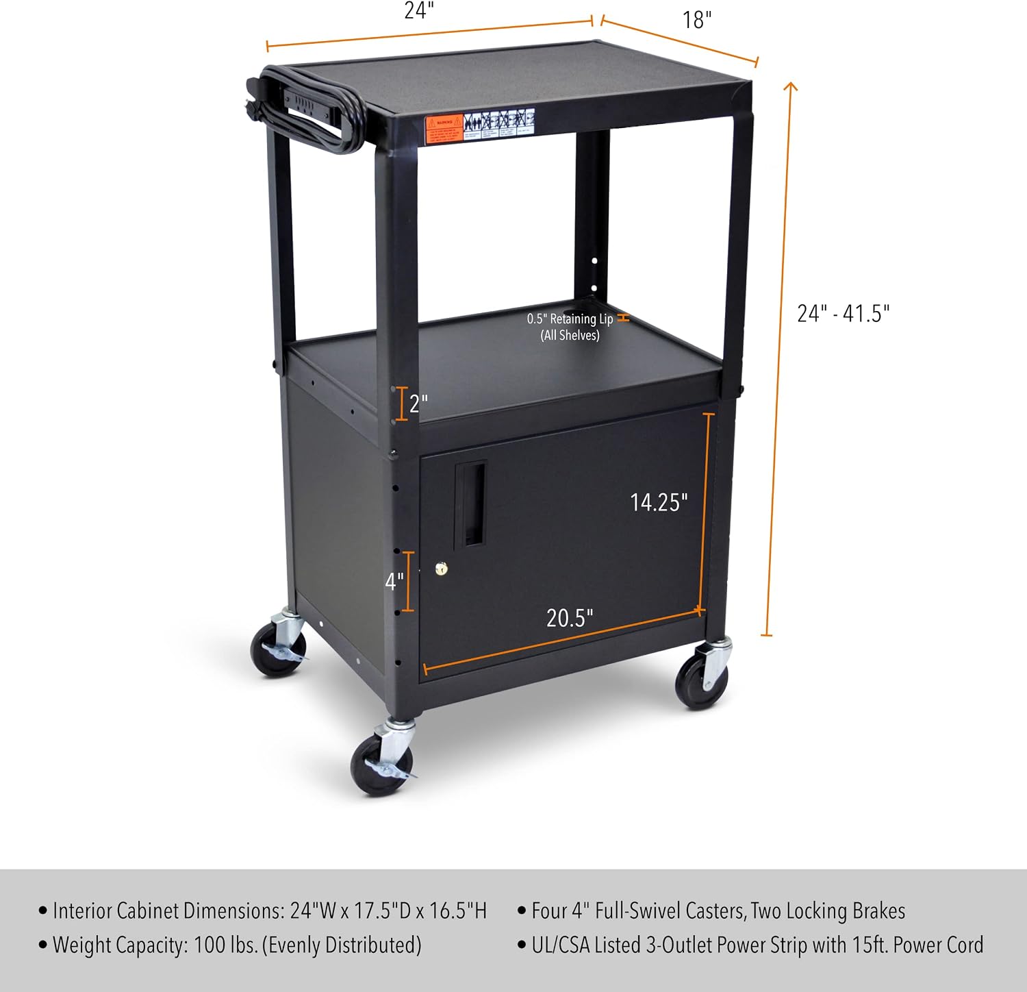 Line Leader AV Cart w/Locking Cabinet, Black Metal Utility Cart with Storage Shelf - Height Adjustable, Mobile and Great for Offices, Classrooms, Libraries (Black, 24in x 18in)