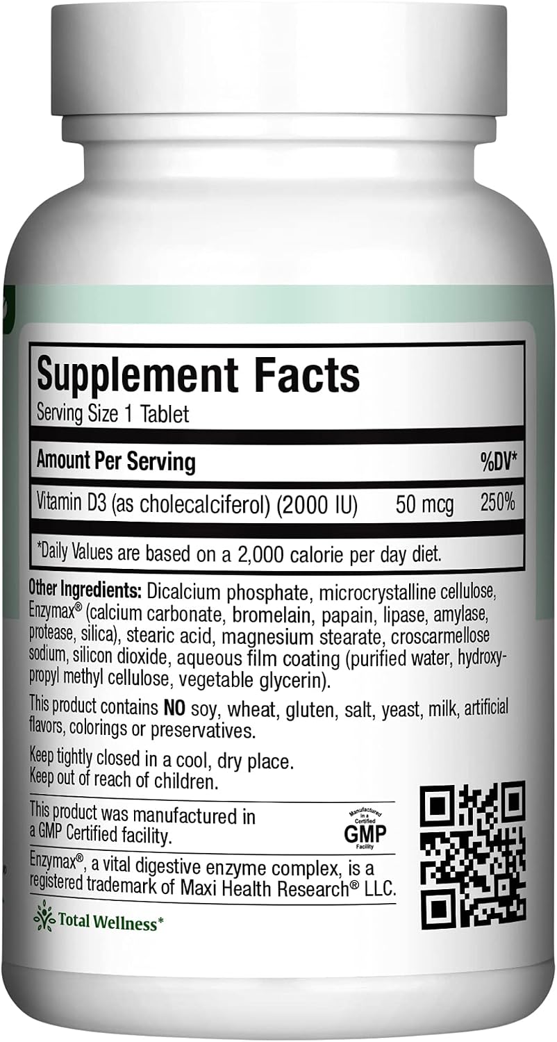 Maxi Health Kosher Vitamin D3 2000IU - Highly Absorbable Vitamin D Supplements for Healthy Immune Response, Calcium Absorption, Teeth & Bone Health - D3 Vitamin 2000 IU -180 Tablets