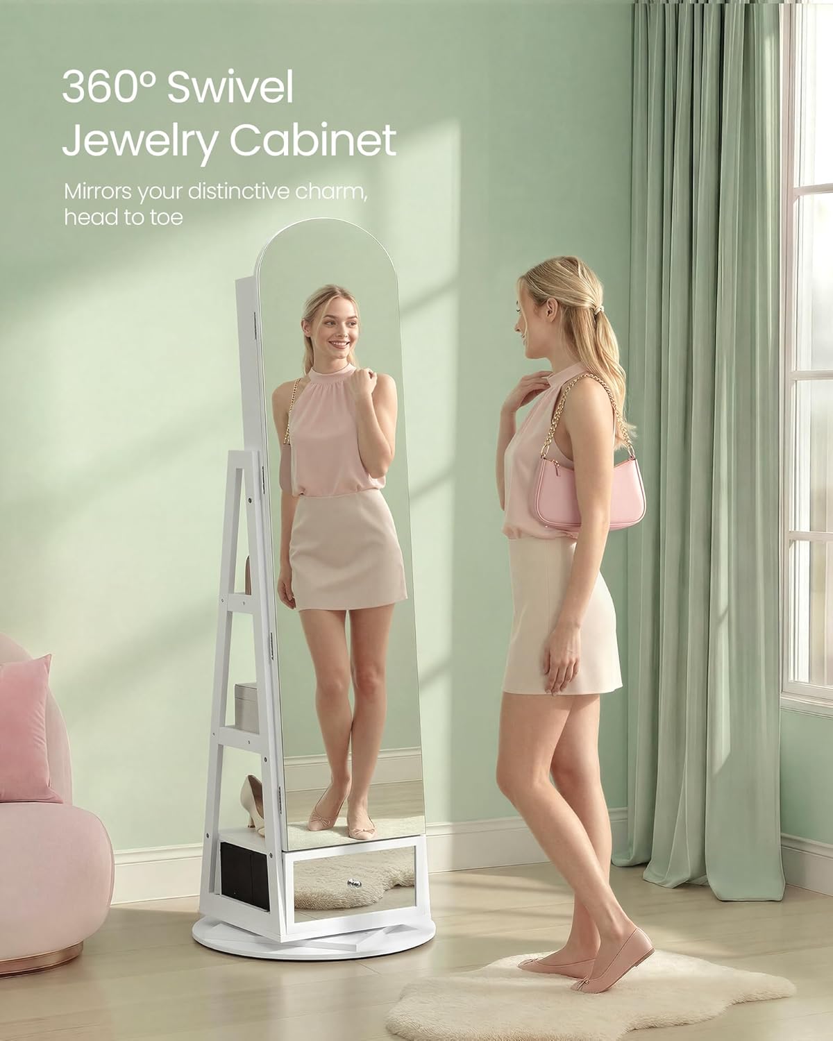 SONGMICS 360° Swivel Jewelry Cabinet, Full-Length Mirror, Lockable