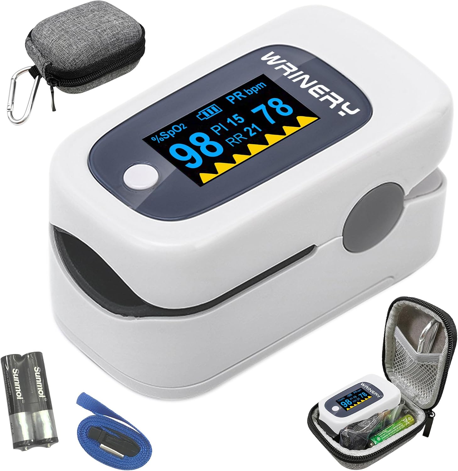 WRINERY Fingertip Pulse Oximeter, Oxygen Saturation Monitor, O2 Saturation Monitor, OLED Portable Oximetry with Batteries, Lanyard (Gray-White)