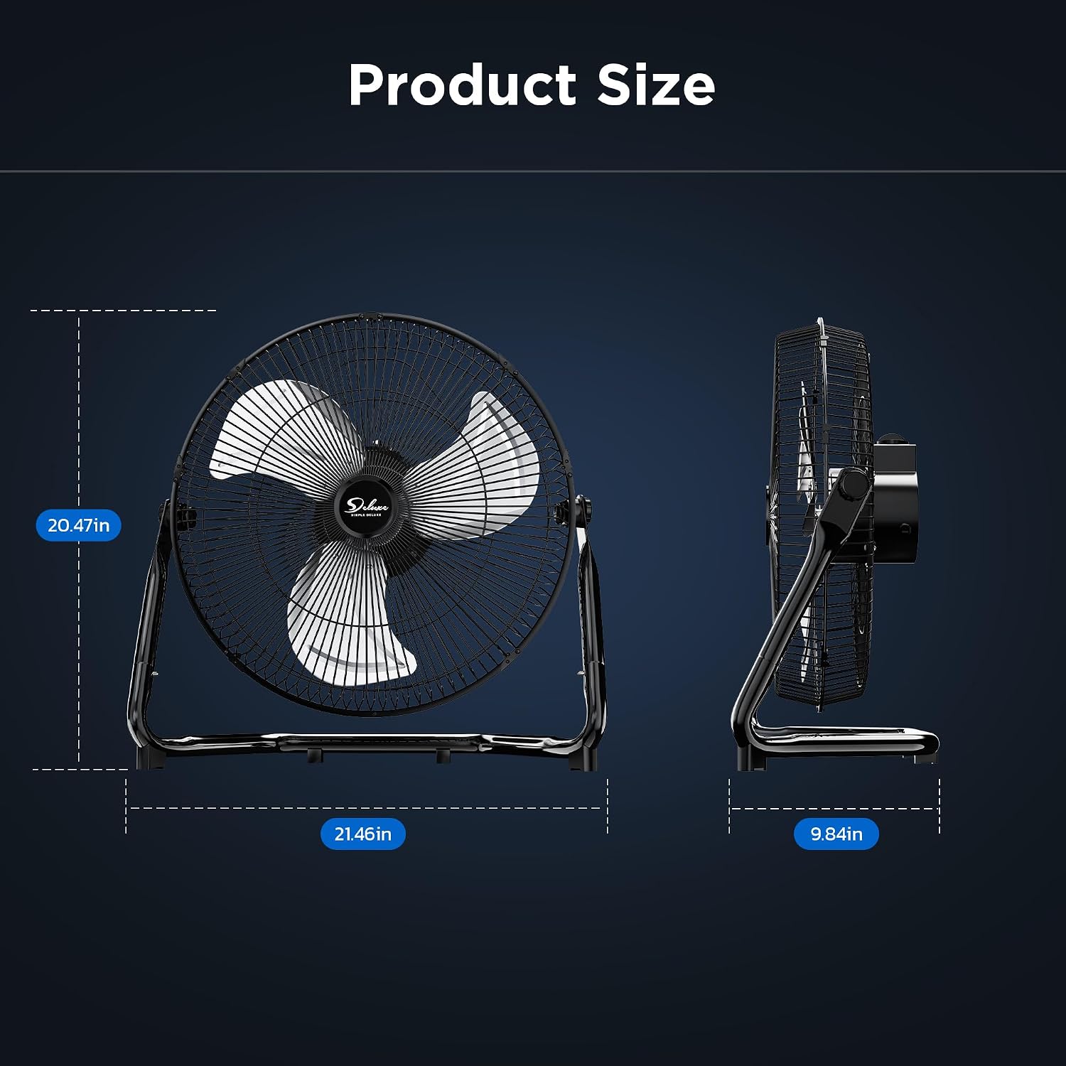 Simple Deluxe 20 Inch 3-Speed High Velocity Heavy Duty Metal Industrial Floor Fan for Warehouse, Workshop, Factory and Basement, Black, 1 Pack