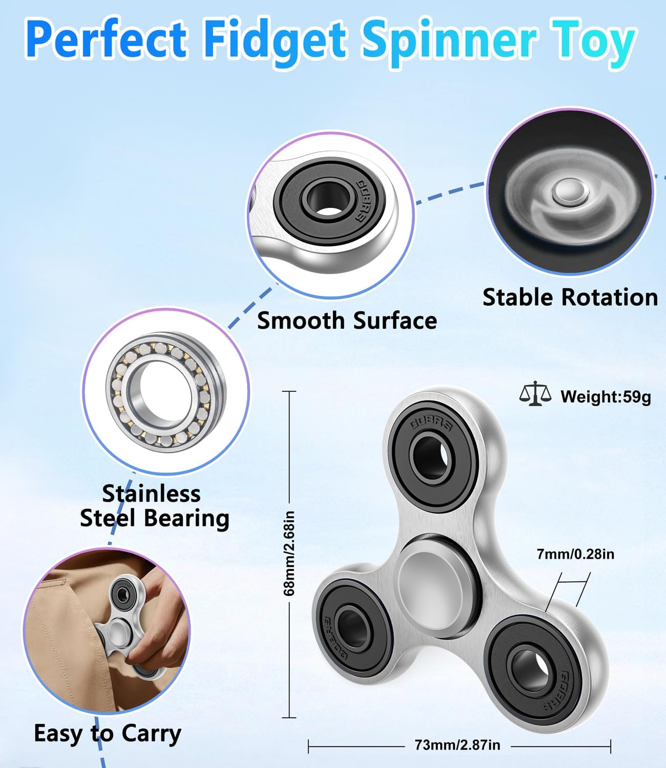 Metal Fidget Spinner Toy Long Spin Time Fidget Toys for Adults Kids | Durable Stainless Steel Bearing, Silent Spins 3-5 min