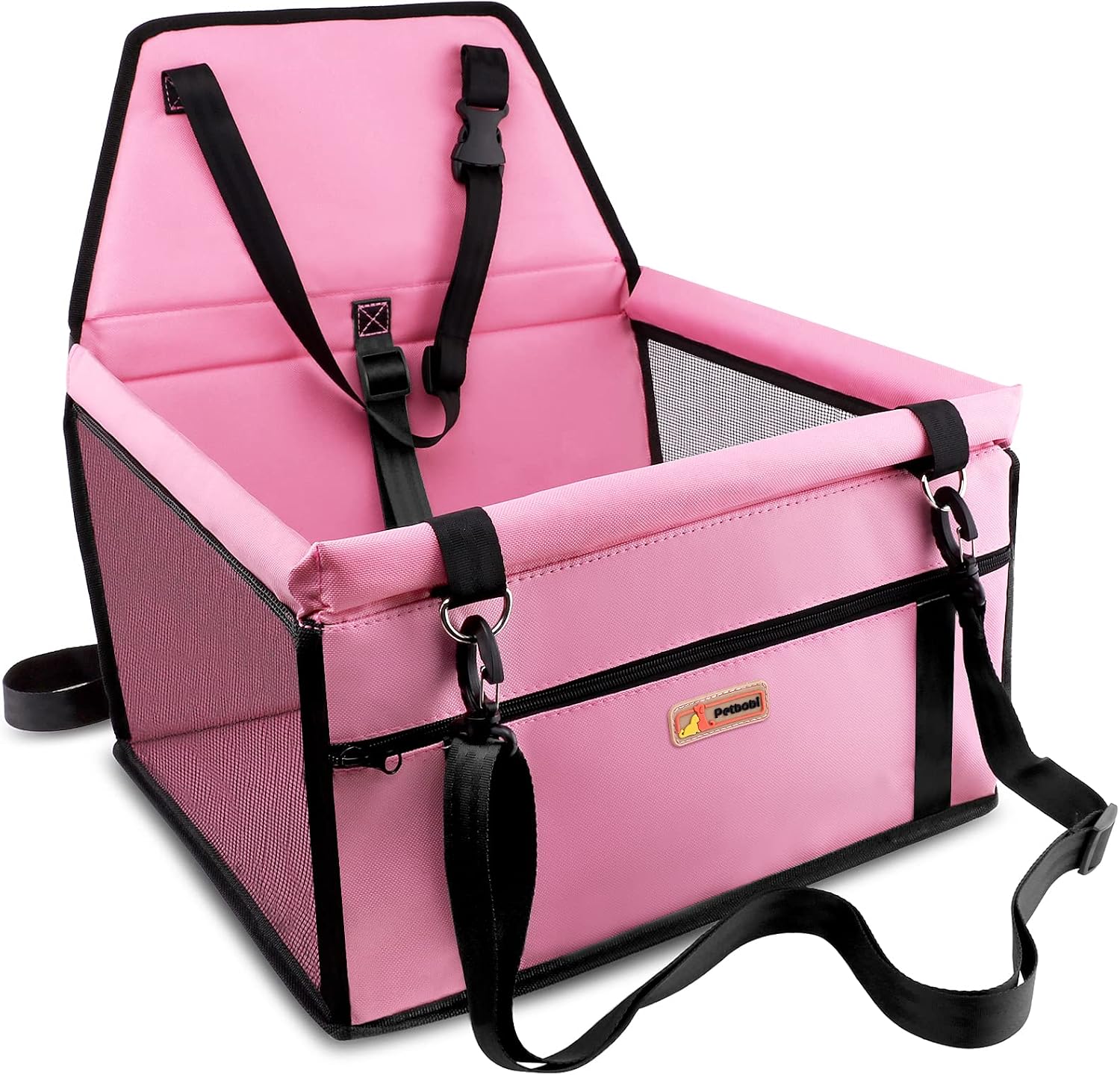 Petbobi Dog Car Seat for Small Dogs and Cats up to 15 lbs, Portable Booster | Pink, Water-resistant Oxford fabric, PVC Tubes, Folds Flat, Clip-on Leash Keeps Pups Secure and Drivers Focused