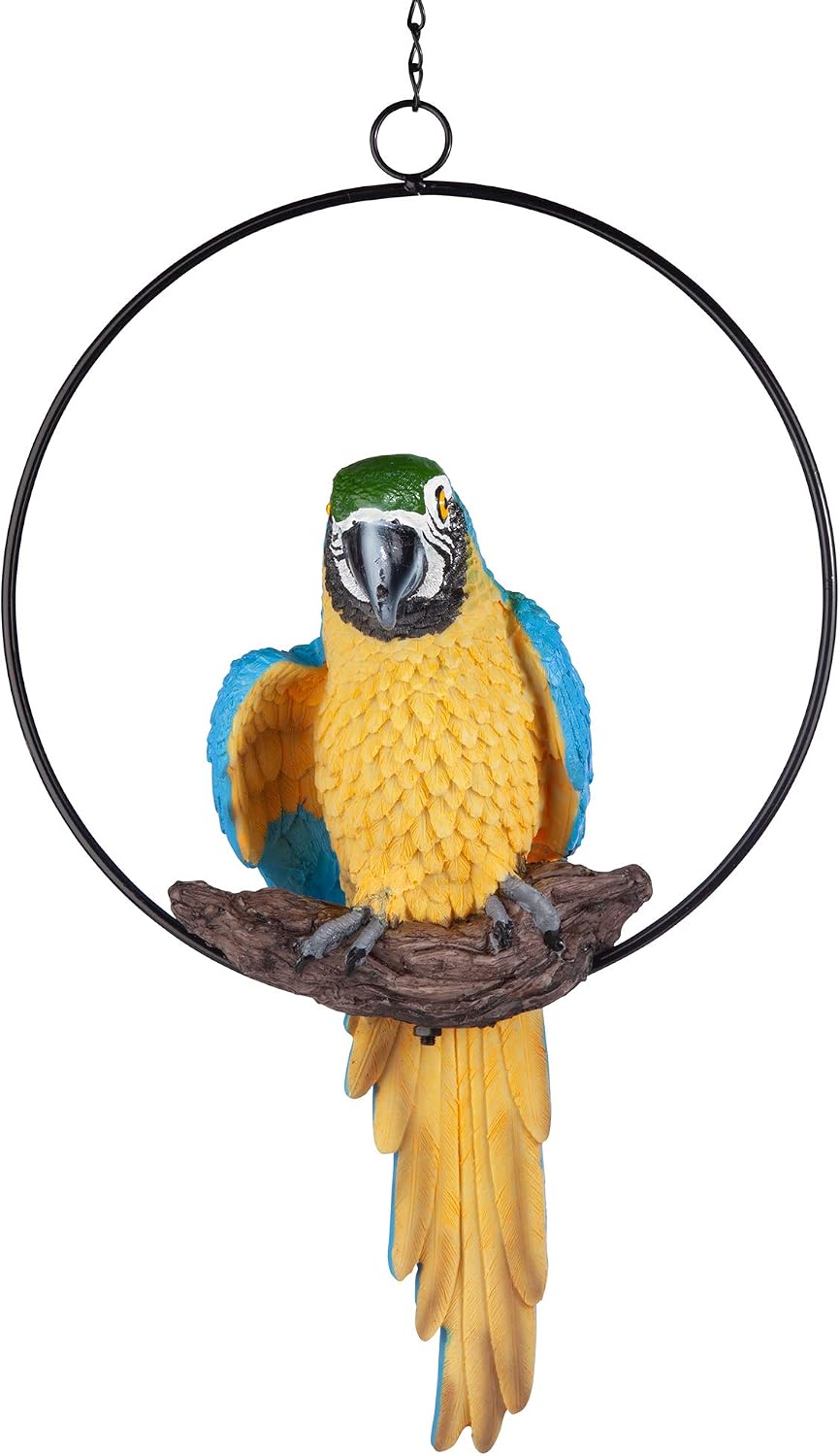 Design Toscano Polly in Paradise Parrot Hanging Bird Ring Perch Indoor/Outdoor Statue, Medium 14 Inch Tall, Cast Stone Resin, Blue Yellow Finish