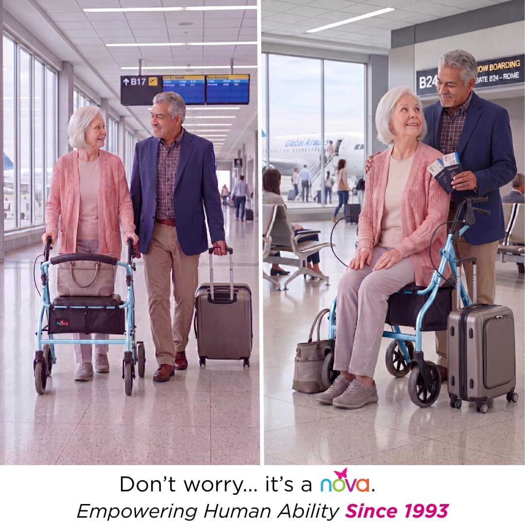 NOVA Zoom 22 Rollator Walker for Seniors, Rolling Walker with Locking Hand Brakes, Padded Seat & 8" Wheels, Lock N Load for Easy Transport & Storage, Adjustable Height 5'5"–6'1", Red