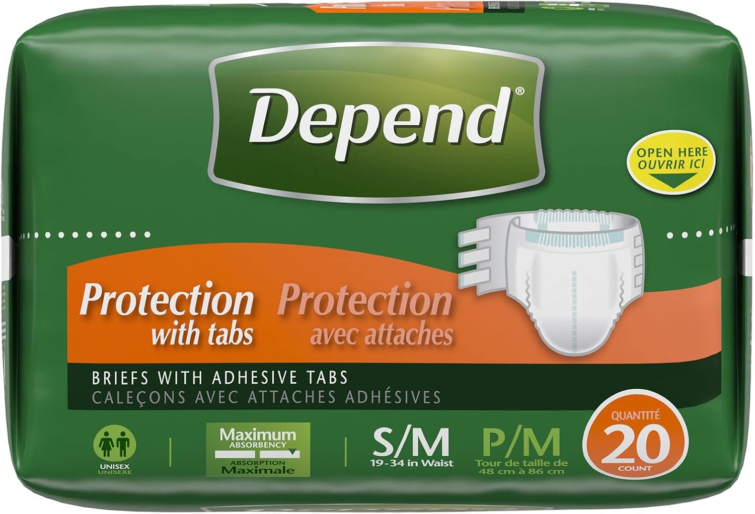Depend Adult Diapers with Tabs, Incontinence Protection with Tabs, Unisex, Small/Medium (19–34" Waist, Up To 170 lbs), Maximum Absorbency, 60 Count (3 Packs of 20)