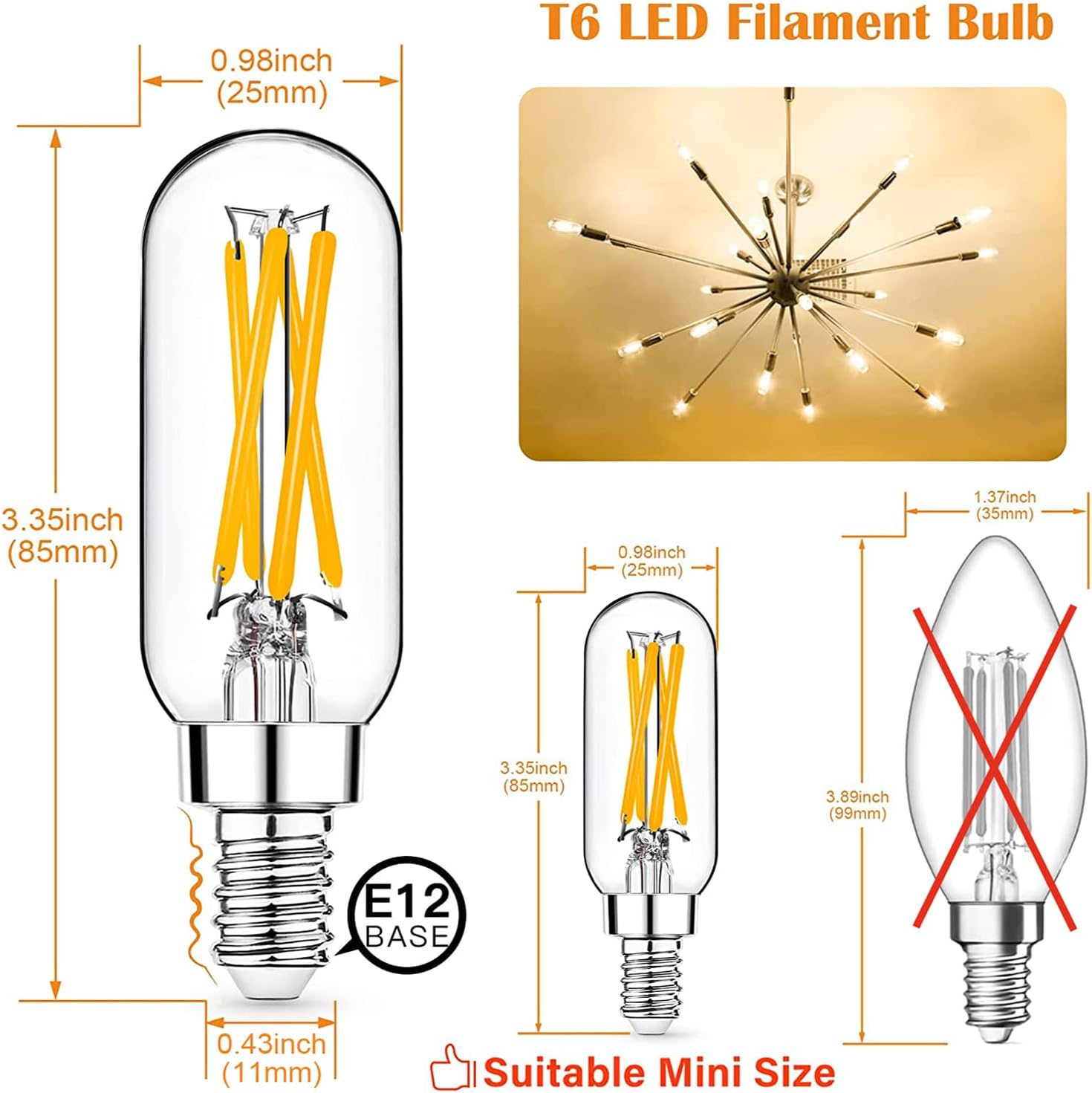 12 Pack E12 LED Edison Bulbs, 4W Dimmable T6, 2700K Warm White | Equal 40W, Dimmable T6 T25 LED Bulb, 420lm, No flicker, Candelabra light bulb for Chandelier, Ceiling Fan, Not E26 Base