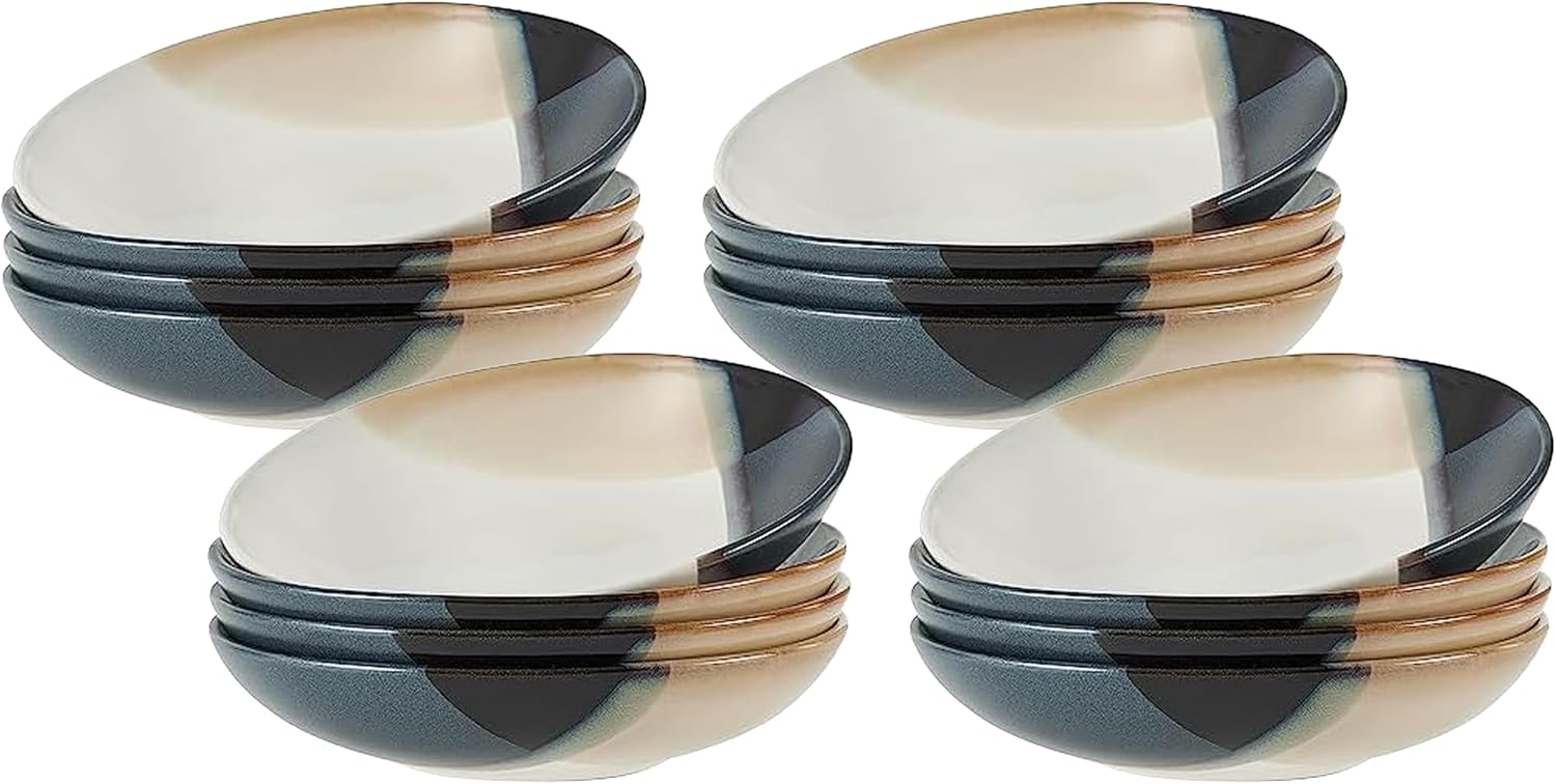 Mikasa Gourmet Basics Caden 16-Piece Stoneware Dinnerware Set, Service for 4, White Glossy Center with Black and Tan Two-Tone Reactive Glaze, Dishwasher and Microwave Safe