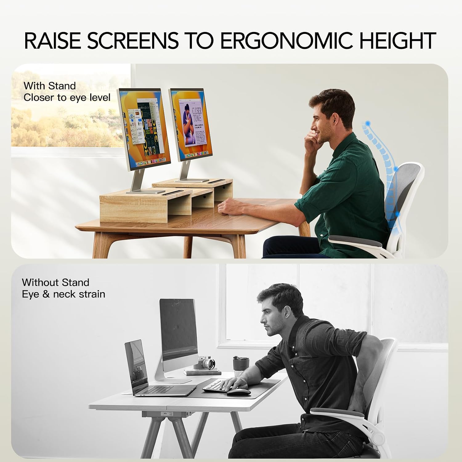 AMERIERGO Dual Monitor Stand Riser- 3 Shelf Screen Stand with Adjustable Length and Angle, 2 Extra Functional Slot Desktop Organizer Stand for PC