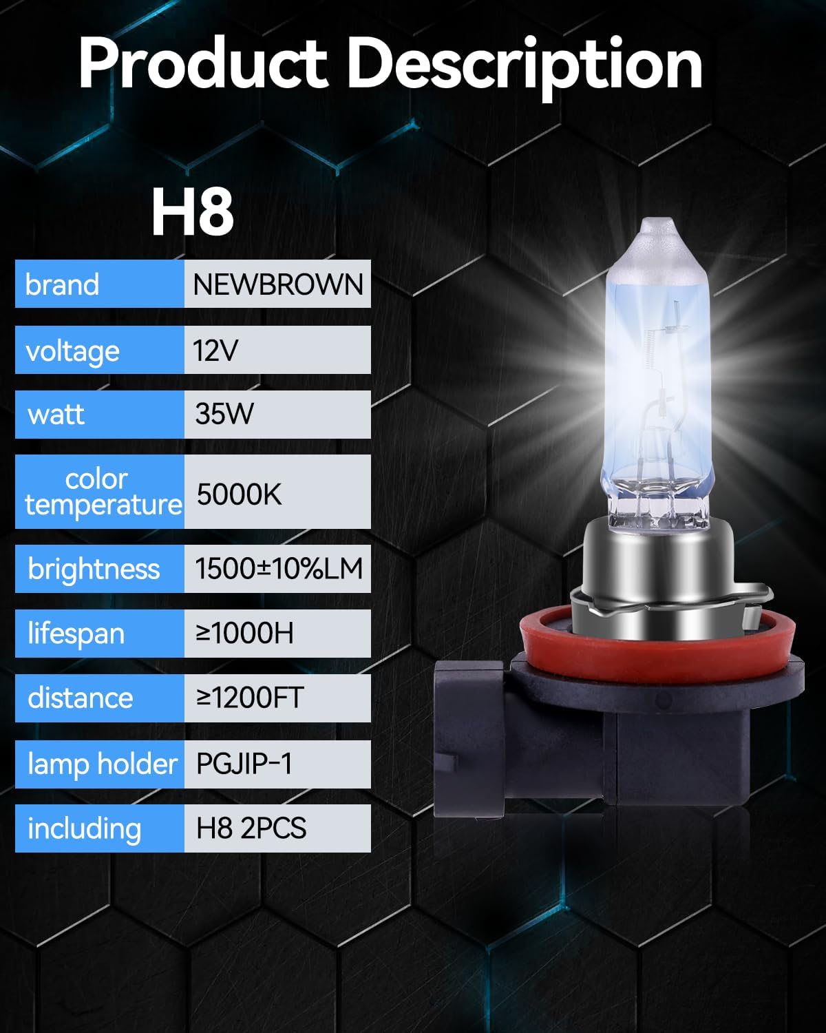 NEWBROWN H11 Headlight Bulb Halogen 5000K Super White Light Long Life Replacement PGJ19-2 12V/55W (H11, 2 Pack)