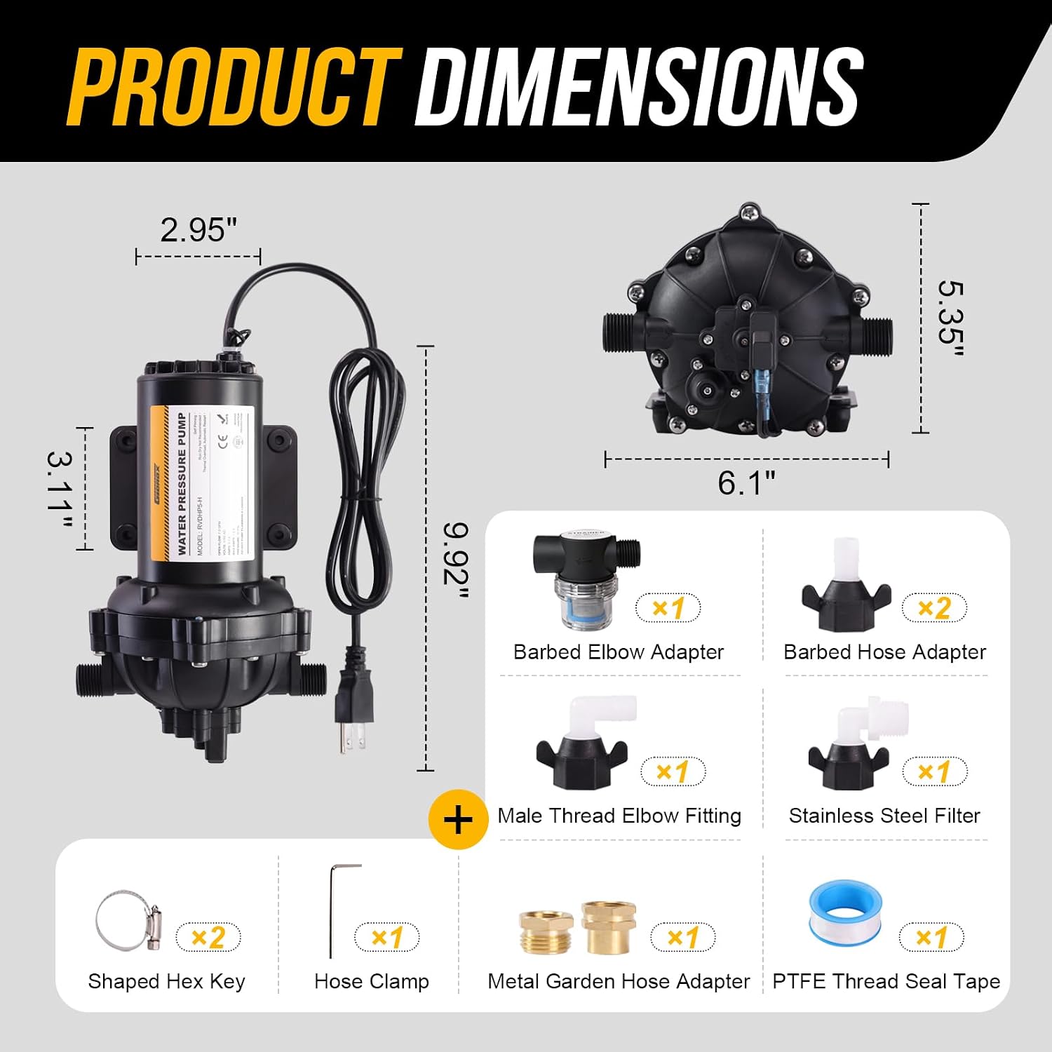 12V RV Water Pump, 5.0 GPM 55 PSI Diaphragm Pump, 20Volt Quiet Fresh Water Pump with Pressure Switch, Self Priming Pressure Pumps for RV Camper Boat Marine Food Truck, Dark Grey