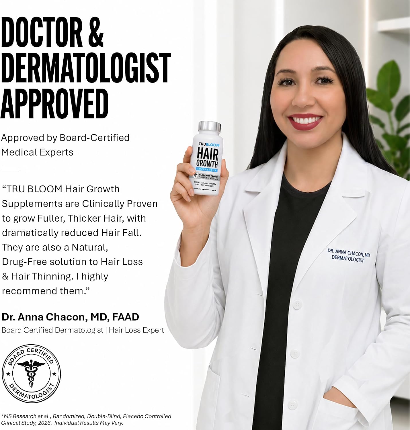 TRU BLOOM Hair Vitamins for Women and Men | Clinically Proven Hair Growth Supplements for Thinning Hair, Hair Loss, Thicker Fuller Hair | Biotin Collagen Keratin, Hair Growth Vitamins with DHT Blocker
