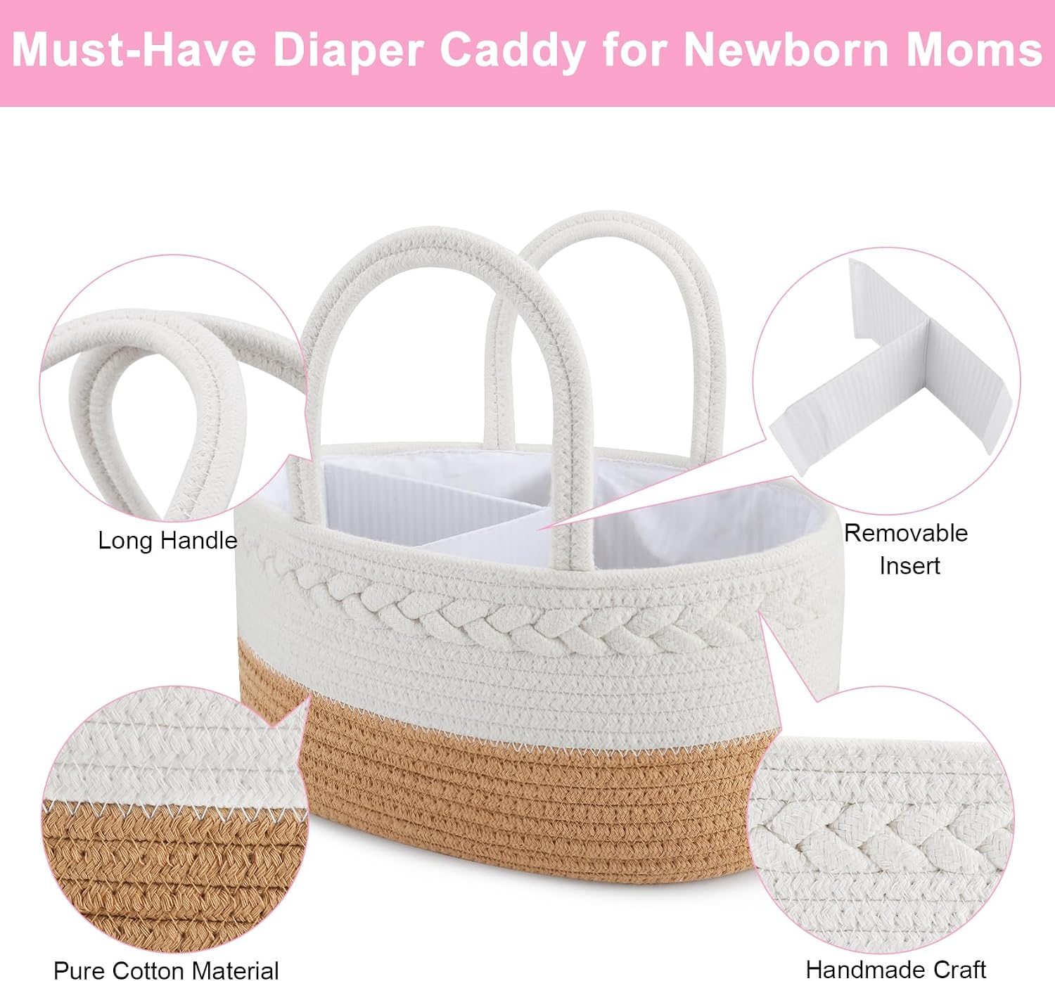 ABenkle Baby Diaper Caddy, Nursery Storage Bin and Car Organizer for Diapers and Baby Wipes, Cotton Rope Diaper Basket Caddy