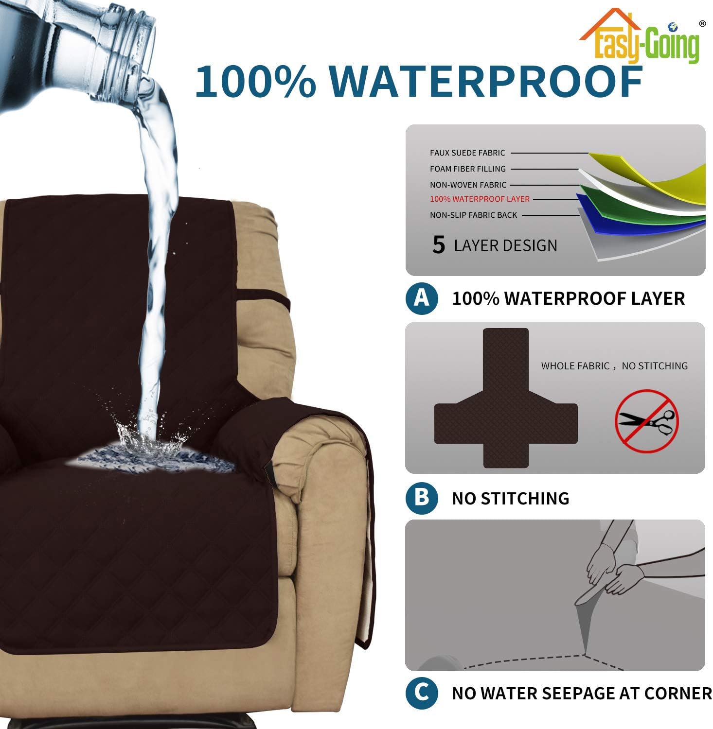 Easy-Going Waterproof Non-Slip Couch Cover, Small Recliner, Chocolate