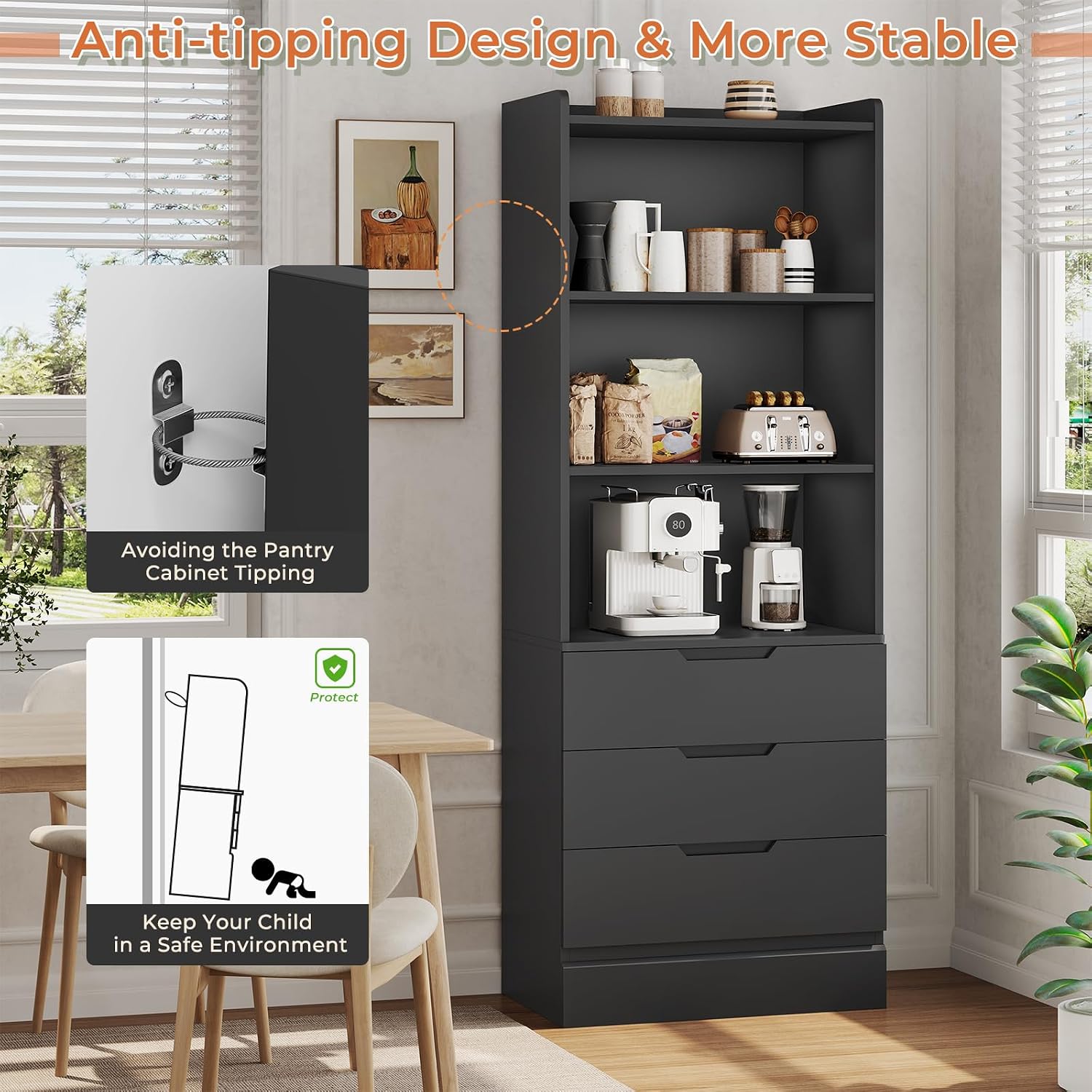 DICTAC 73.23'' Tall Storage Cabinet Bookcase with 3 Drawers and 3-Tier Open Shelves Wooden Bookshelf Kitchen Pantry Storage Organizer Cabinets for Living Room, Study, Kitchen,Bathroom,White
