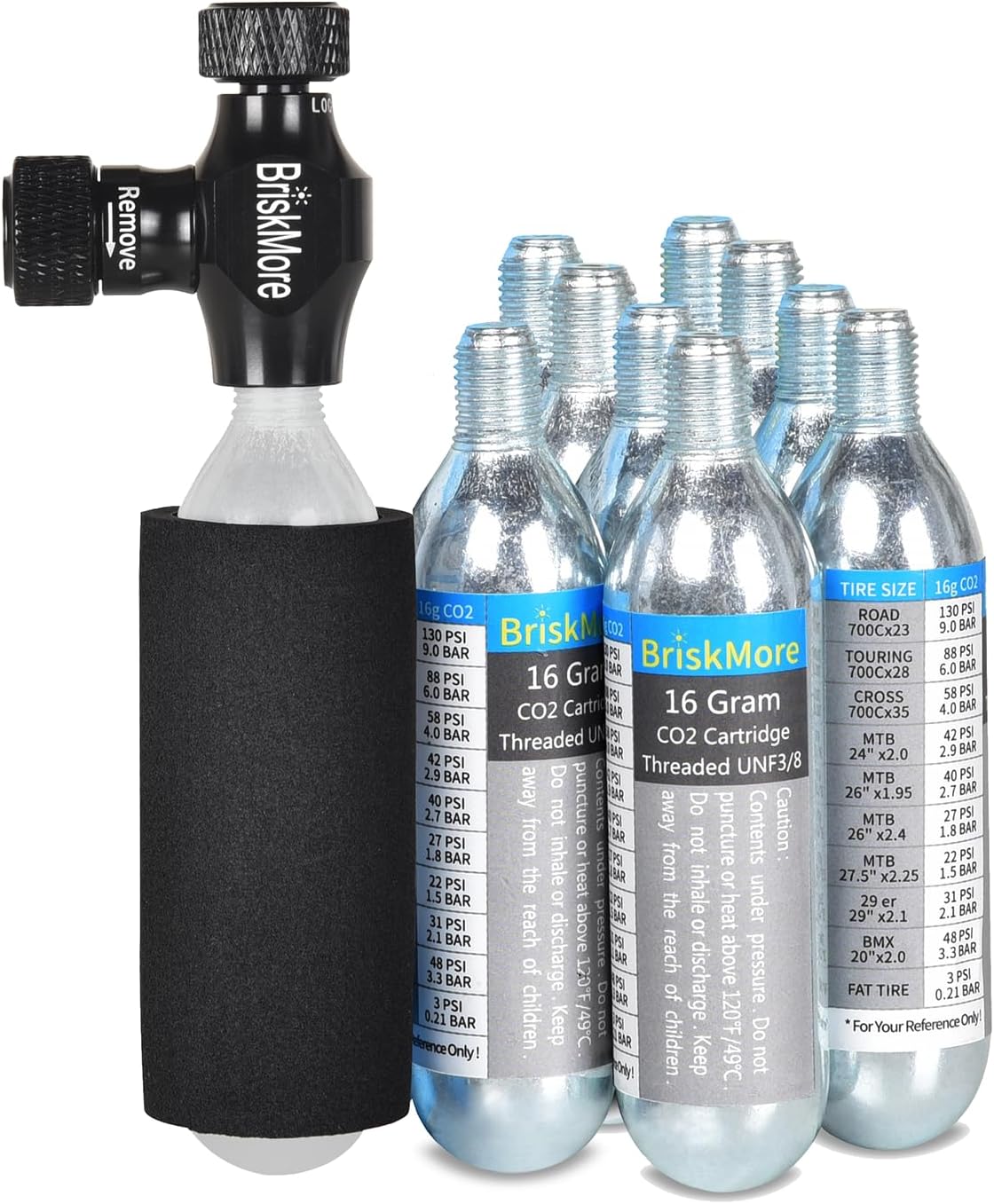 BriskMore CO2 Inflator Kits with 9X16g or 5 X 16g CO2 Cartridges, Presta and Schrader Valve Compatible, Bike Tire CO2 Pump, Included Insulated Sleeve