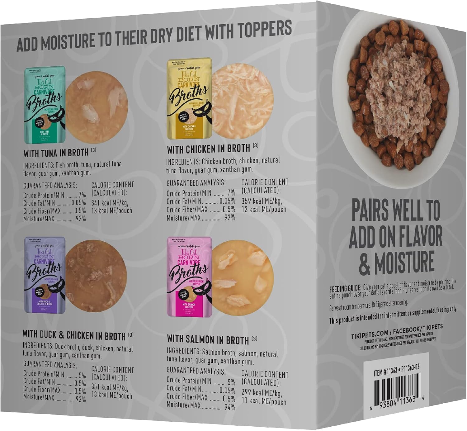 Tiki Cat Born Carnivore Broths Wet Cat Food Toppers, Variety Pack, 1.3 oz. Pouch (12 Count) | Broth with Real Animal Protein for Hydration