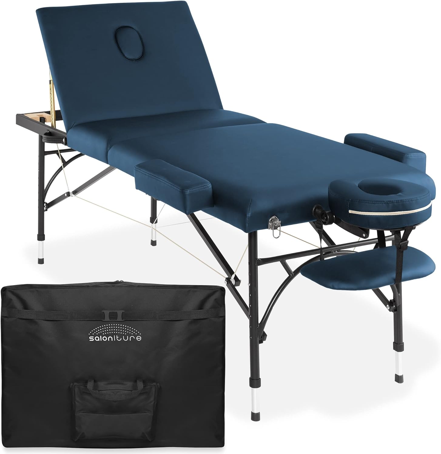 Saloniture Professional Portable Lightweight Tri-Fold Massage Table with Aluminum Legs - Includes Headrest, Face Cradle