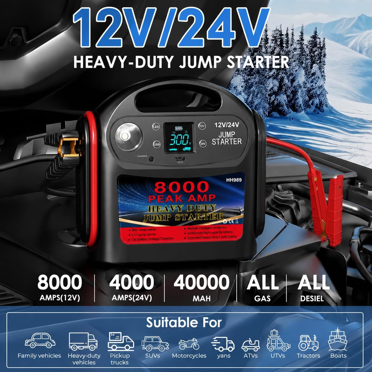 8000A 12V/24V Jump Starter for Large Gas & Diesel Engines, Heavy-Duty Portable Battery Booster Pack for Trucks