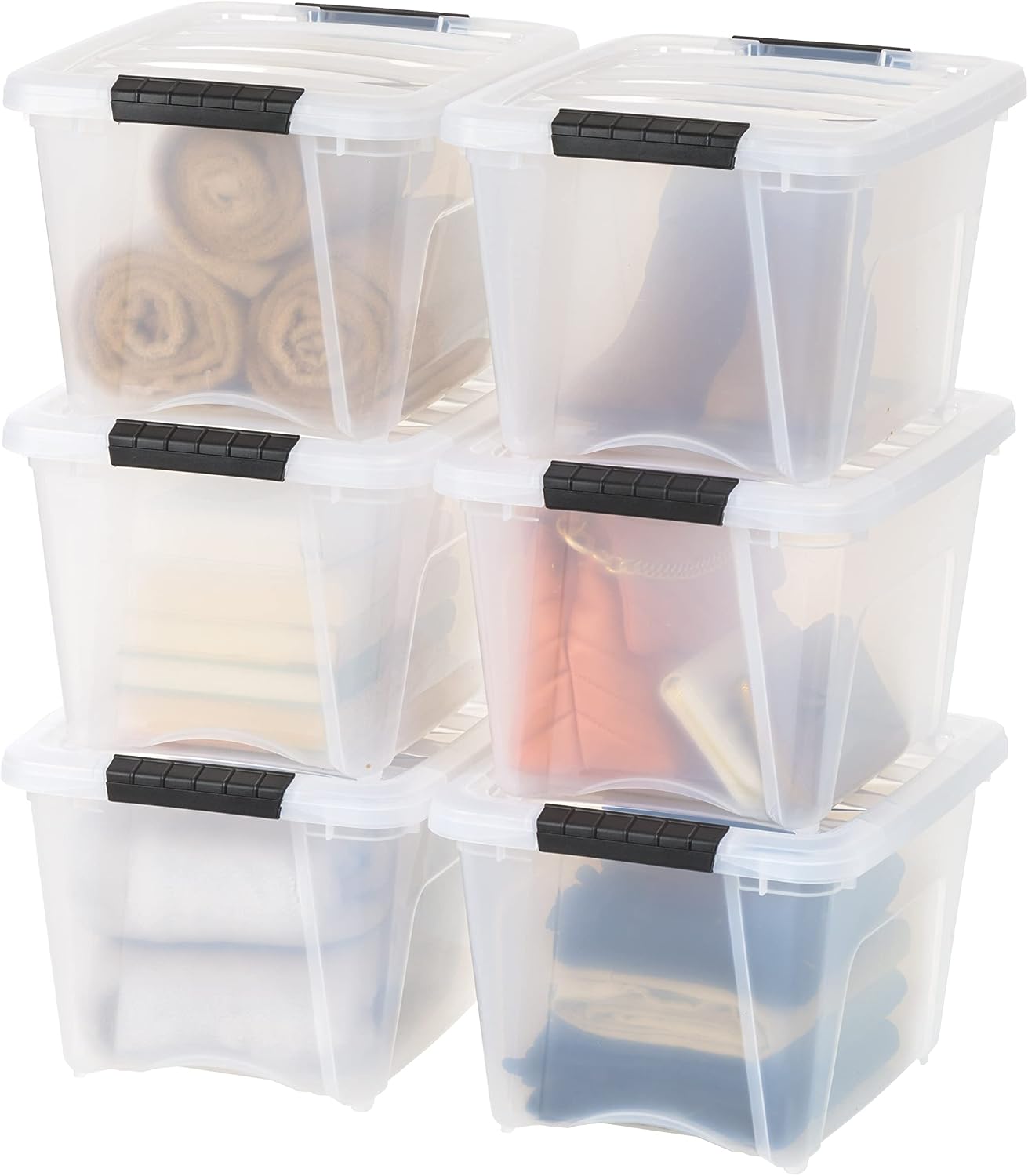 IRIS USA 6-Pack 54 Quart Storage Bins with Lids, Clear | Transparent design makes contents easy to find. Perfect for moving, blankets, clothing, and garage storage. Nestable design