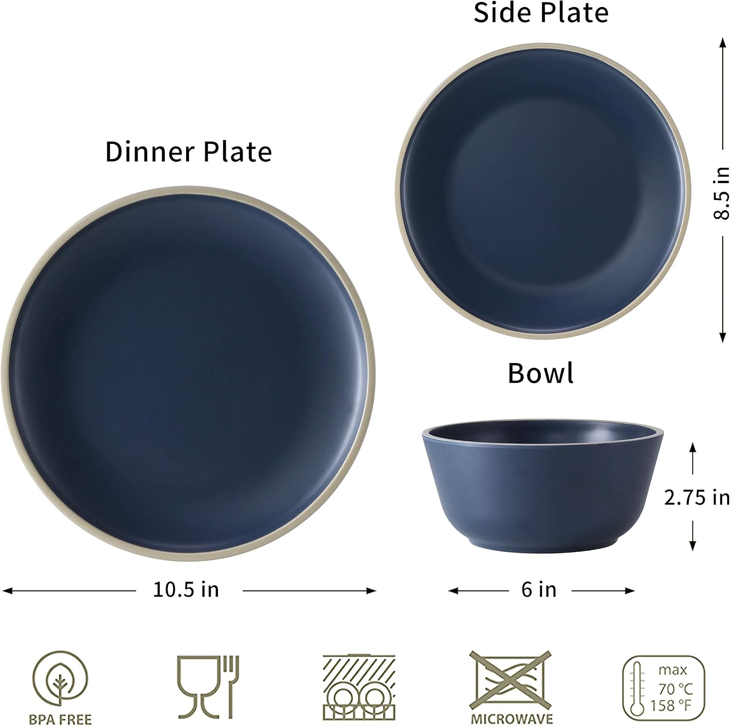 Melamine Dinnerware Sets, Plates and Bowls Sets 12 Pcs, Melamine Plates, Dish Set for 4, Unbreakable Dinnerware Set for Party, BPA Free