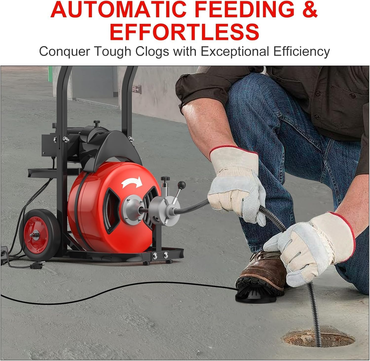 100Ft 3/4 Inch Drain Cleaning Machine. Sewer Snake 750w Auto Feed | Portable Drain Cleaning Machine Electric Drain Auger Sewer Auger with 6 Cutter Air-Activated Foot Switch for 4" to 8" Pipes