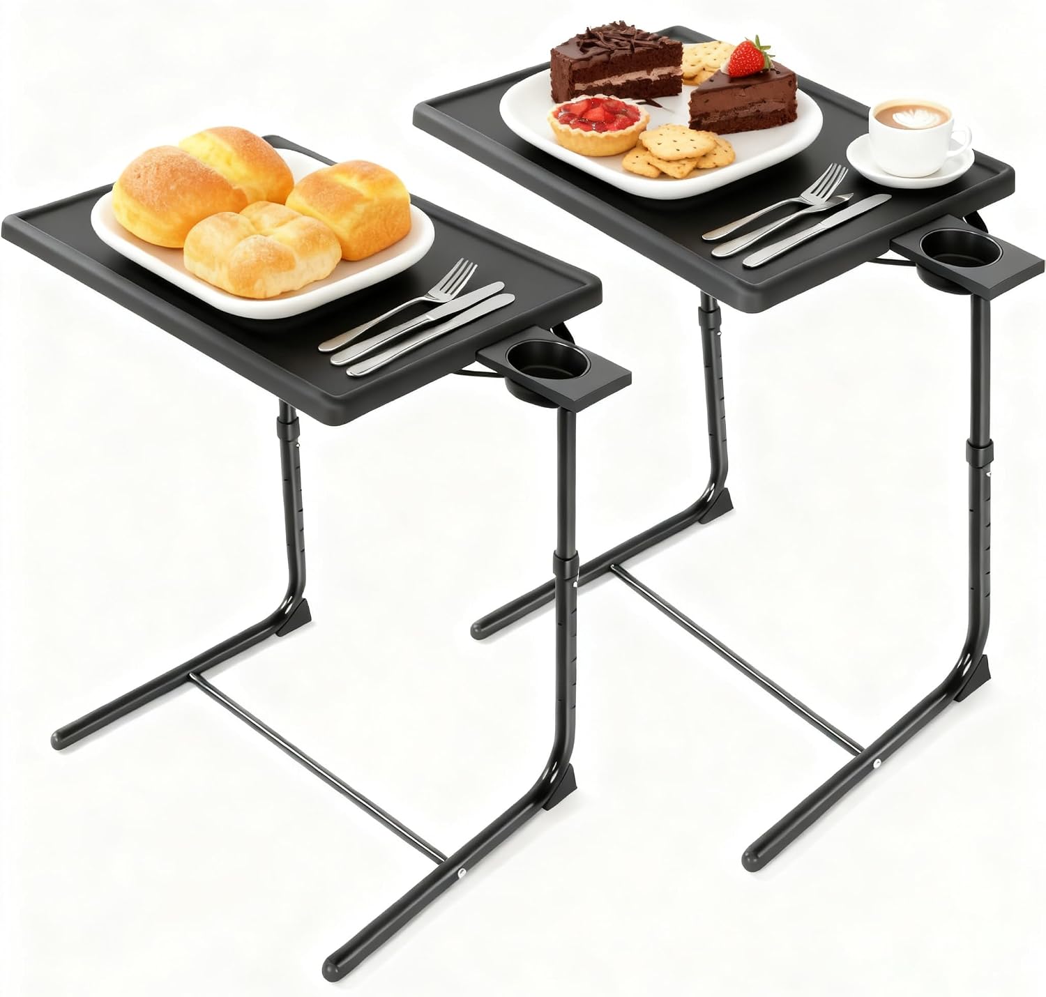 HUANUO TV Trays Set of 2, TV Tray with 6 Height & 3 Tilt Adjustments, Black | 21.53" - 28.74" Height Range, Foldable, Cup Holder