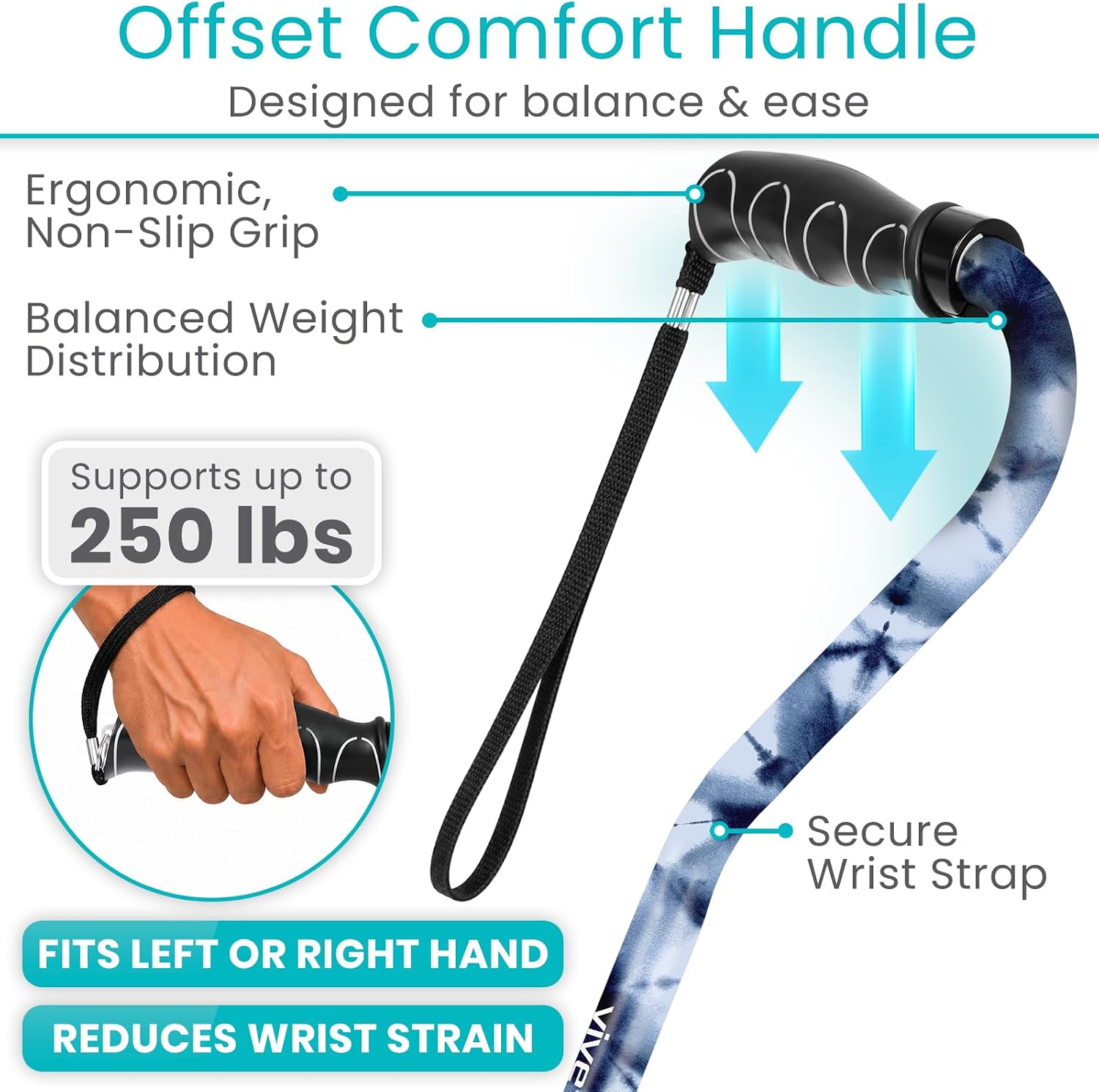 Vive Walking Cane for Women, Men, Elderly - Patented Offset Grip - Lightweight Adjustable Walking Aid with a Non-Slip Tip - Sturdy Balancing Mobility Aid for Seniors