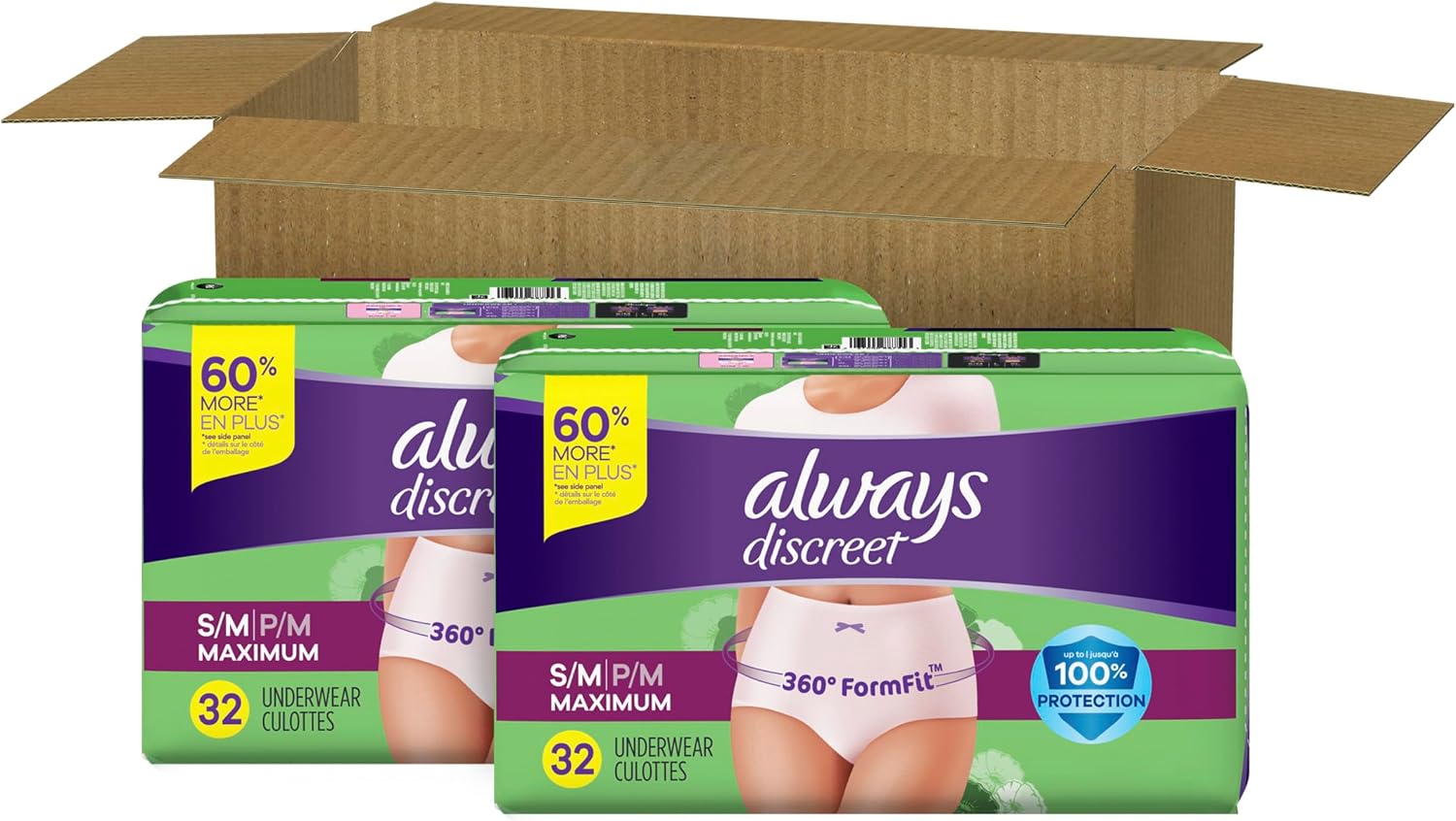 Always Discreet Adult Diapers for Women, Incontinence Underwear, Postpartum Essentials, Disposable Briefs, Max Absorbency, Bladder Leak Protection, Small/Medium, 32ct