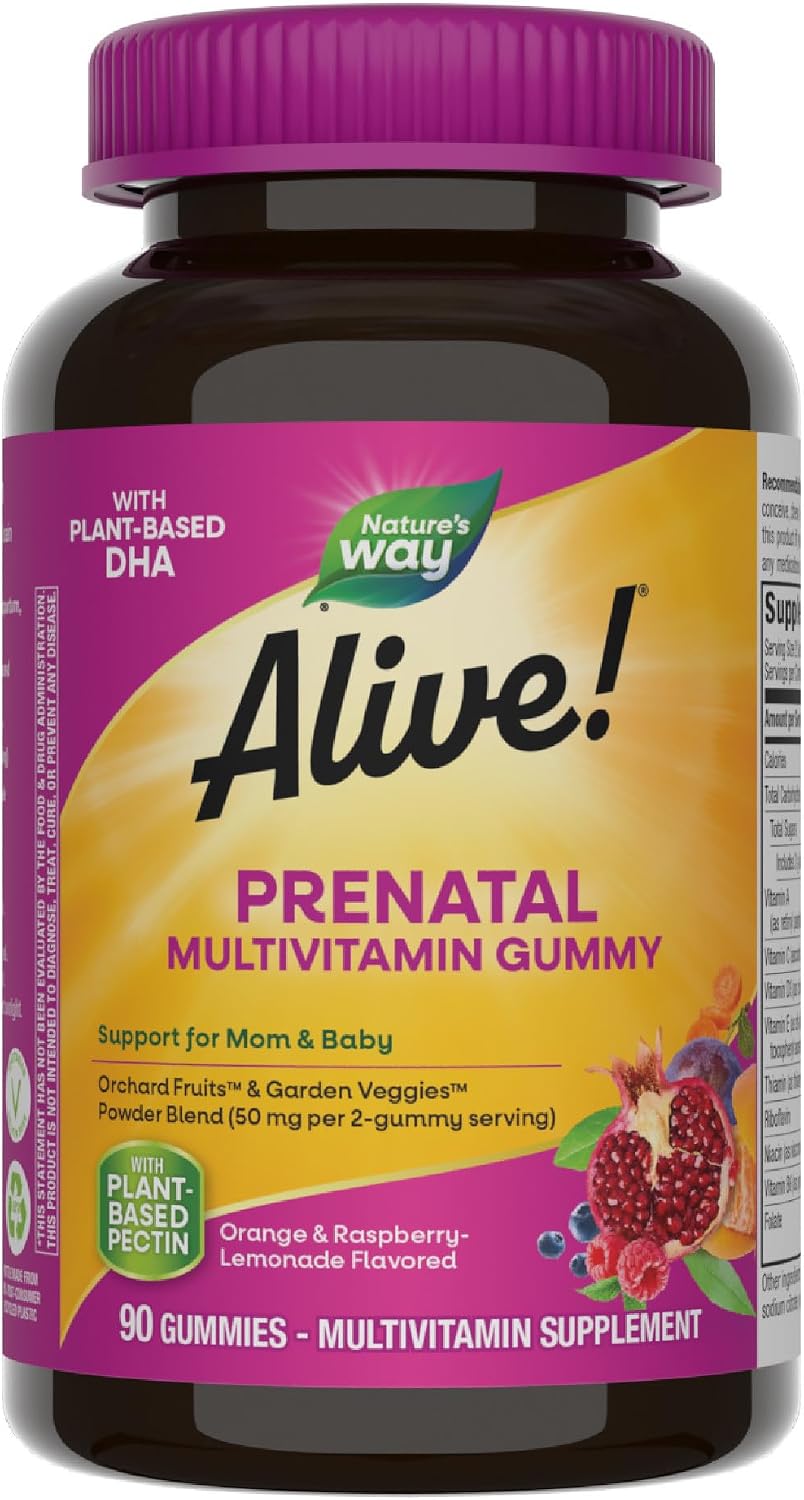 Nature's Way Alive! Daily Support Prenatal Gummy Multivitamin, 90 ct | Supplement with Plant-Based DHA for Brain & Eye Development*