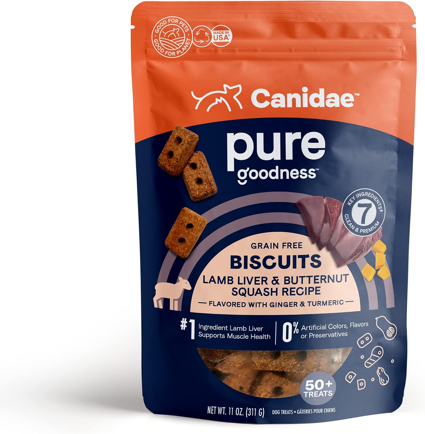 Canidae Pure Dog Treat Biscuits - Healthy & Nutrient Rich Dog Treats - Grain-Free Limited Ingredient Formula - Soy-Free - Crunchy Texture - Easy-Snap Design - 11 oz - Duck & Chickpea Recipe