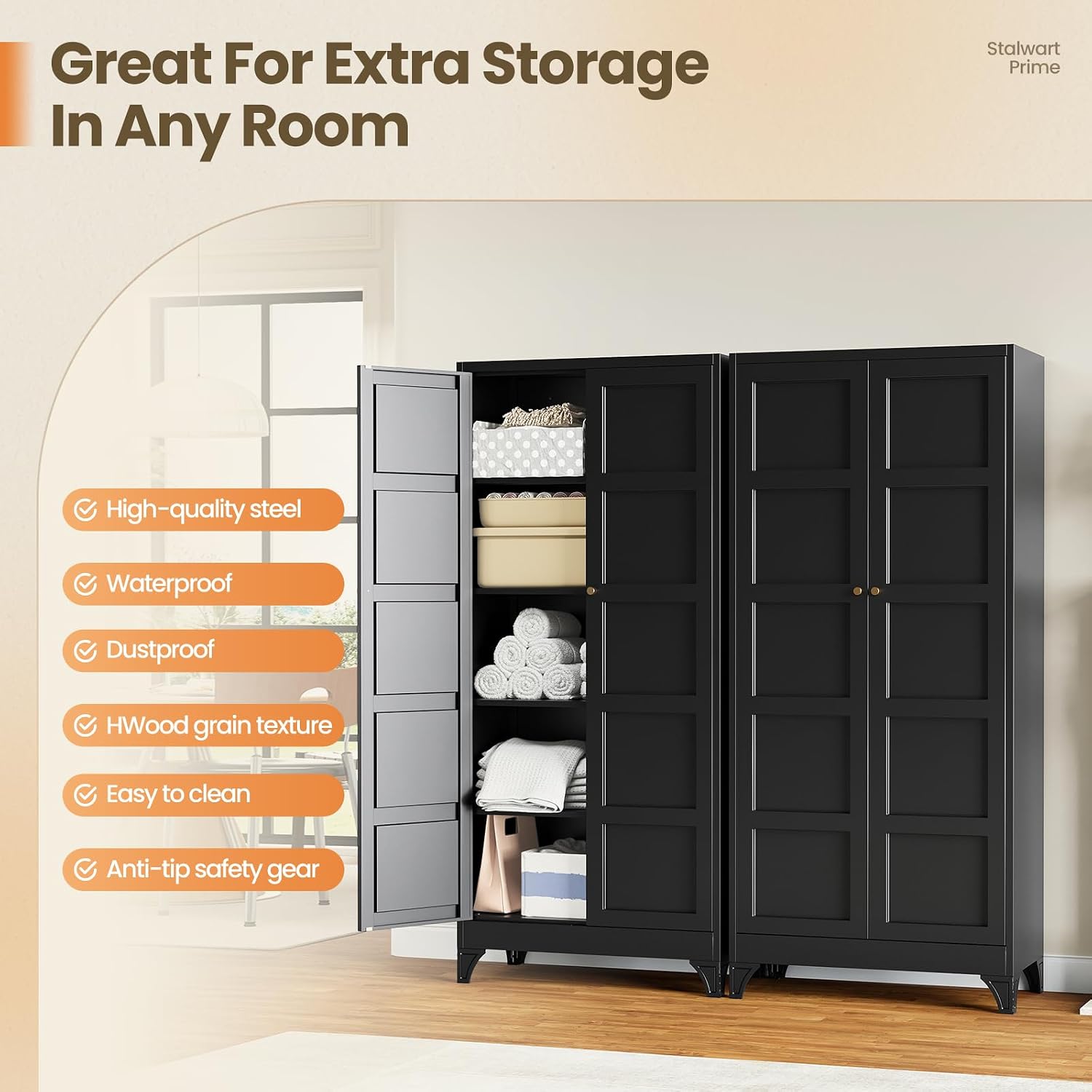 Metal Storage Cabinet with 2 Doors and 4 Adjustable Shelves - 61" White Kitchen Pantry Storage 5-Tier Tall Steel Cabinets Locker for Kitchen, Living Room, Dining Room