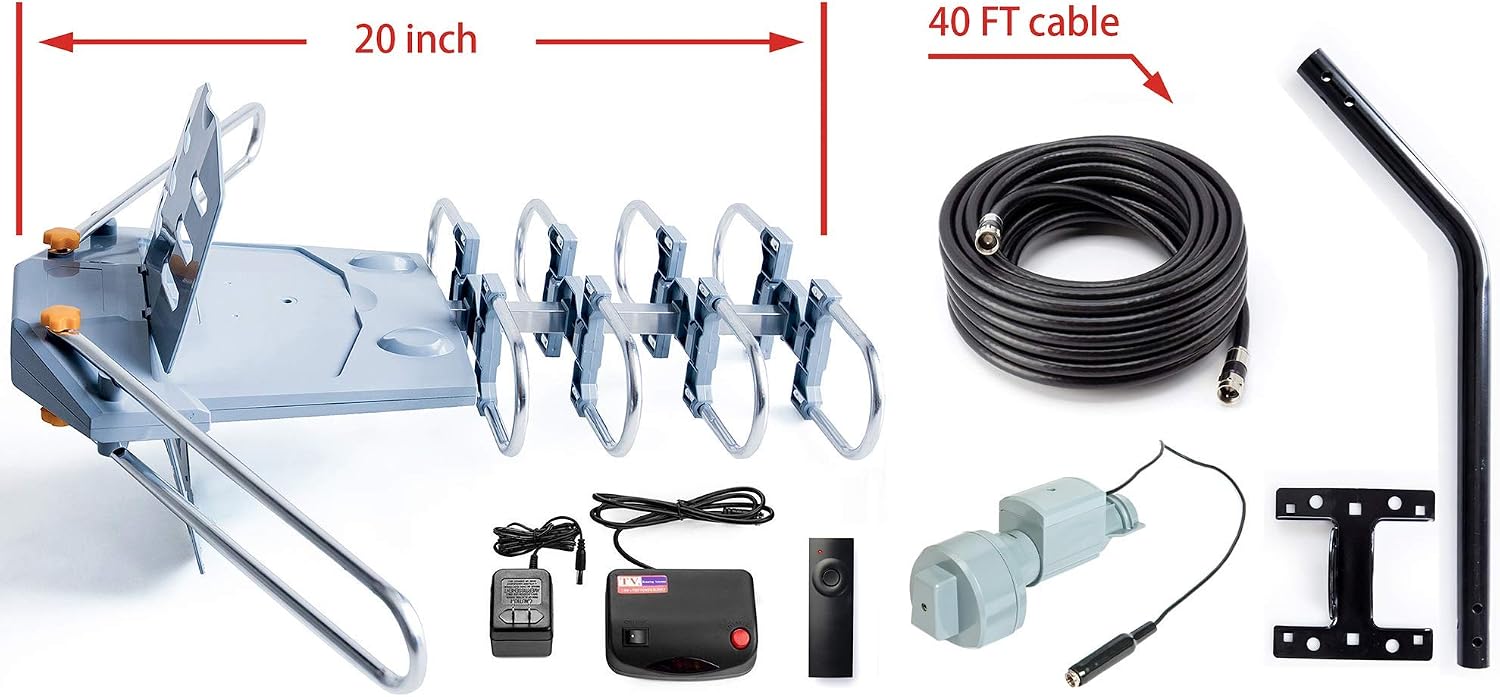Amplified Outdoor TV Antenna with 360° Motorized Rotation, UHF/VHF Long-Range Reception, Remote Control, Mounting Pole & 40FT RG6 Cable