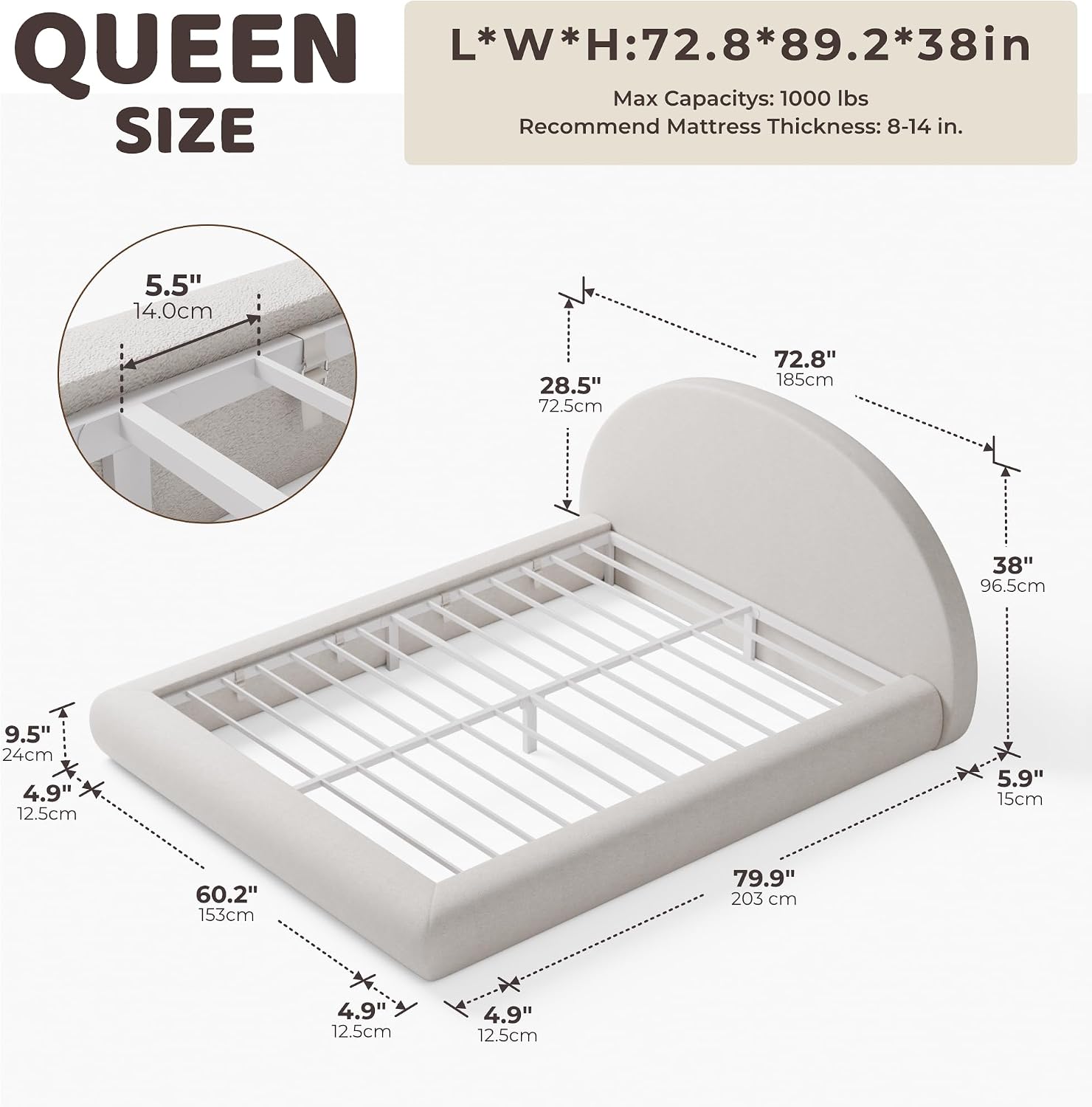 RECCI AirFrame Half-Moon Upholstered Queen Platform Bed Frame | Velvet Curved Arched Base, 6-Inch Thickness Headboard, 5 Inch Fully Round Cushioned Foam, No Box Spring Needed, Easy Assembly