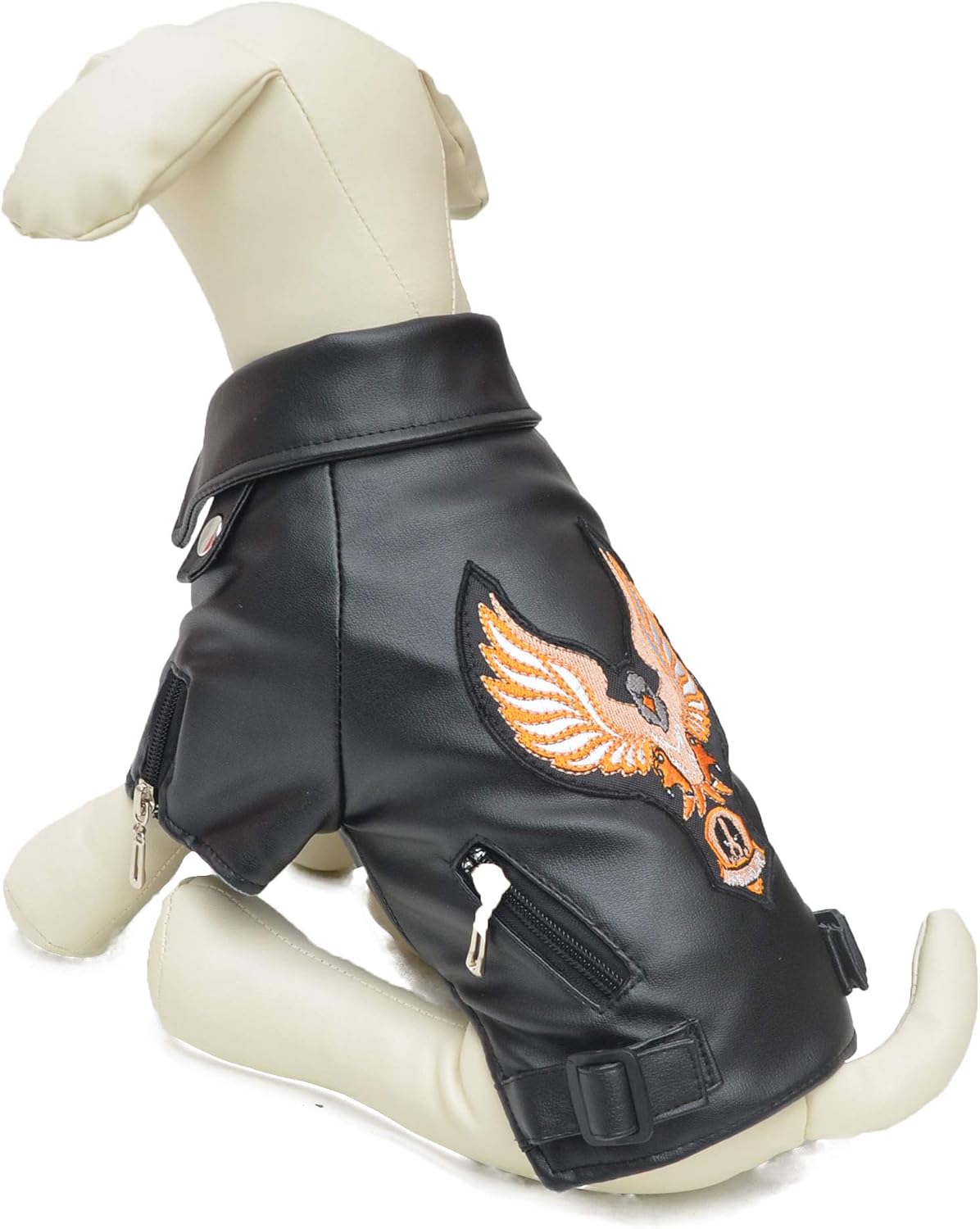 Lovelonglong Cool Dog Leather Jacket, Warm Coats Dogs Windproof Cold Weather Coats for Large Medium Small Dogs with Eagle Embroidery Black XS