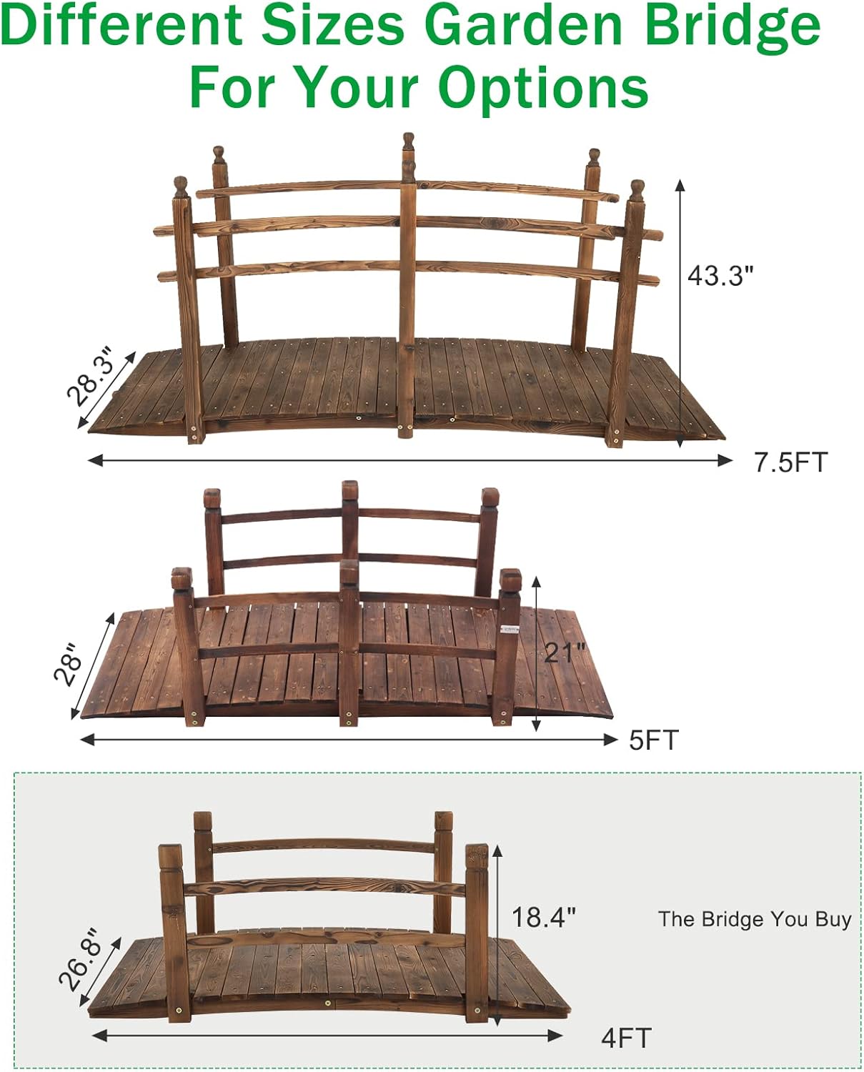 VINGLI 5 ft Garden Bridge, Classic Wooden Arch with Safety Rails Stained Finished Footbridge, Decorative Pond Landscaping, Backyard, Creek or Farm