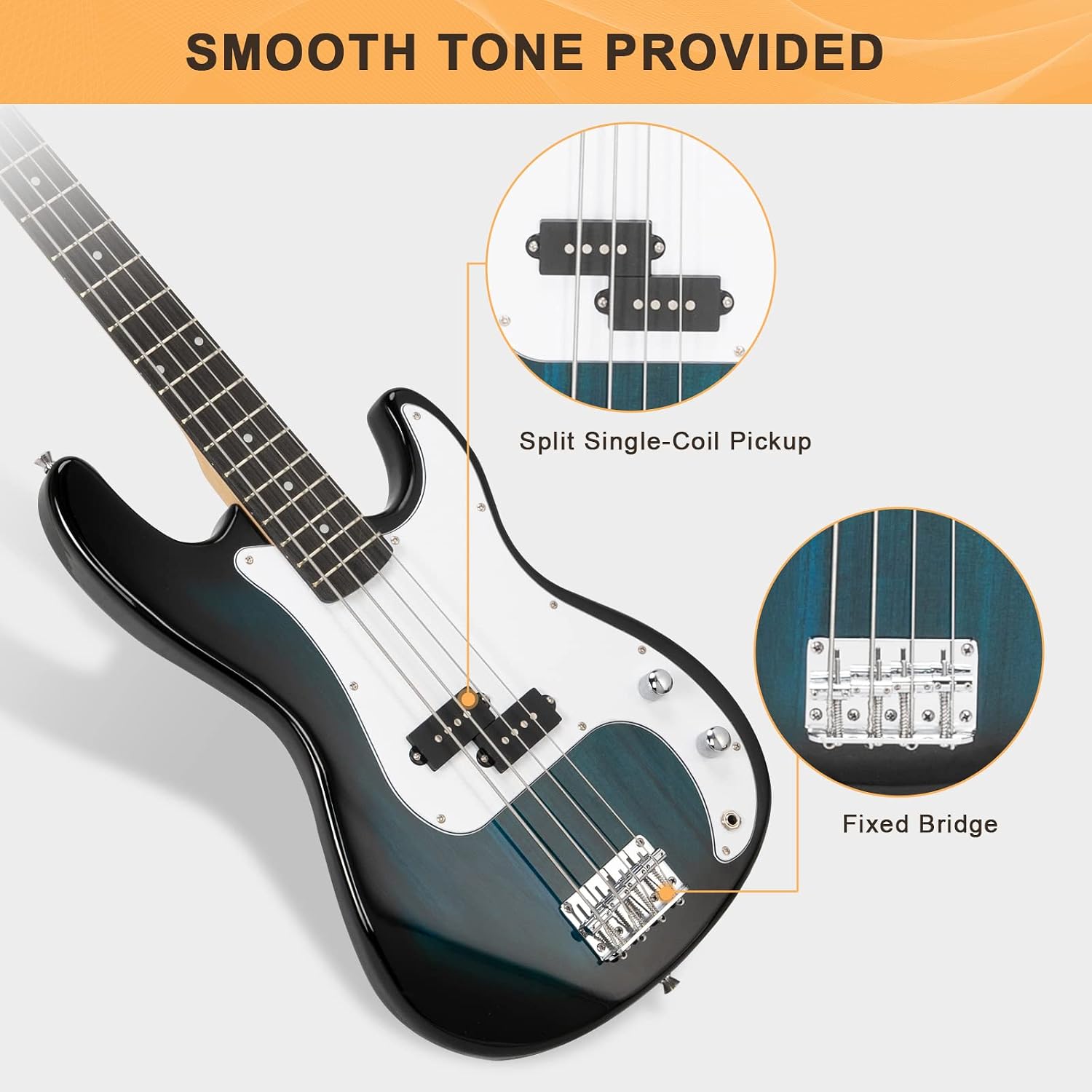 GLARRY Full Size Electric Bass Guitar Beginner Kit 4 String Exquisite Basswood Bass with 20W AMP, Cable, Strap, Bag and Accessories (Transparent Blue, 39"Right Handed)