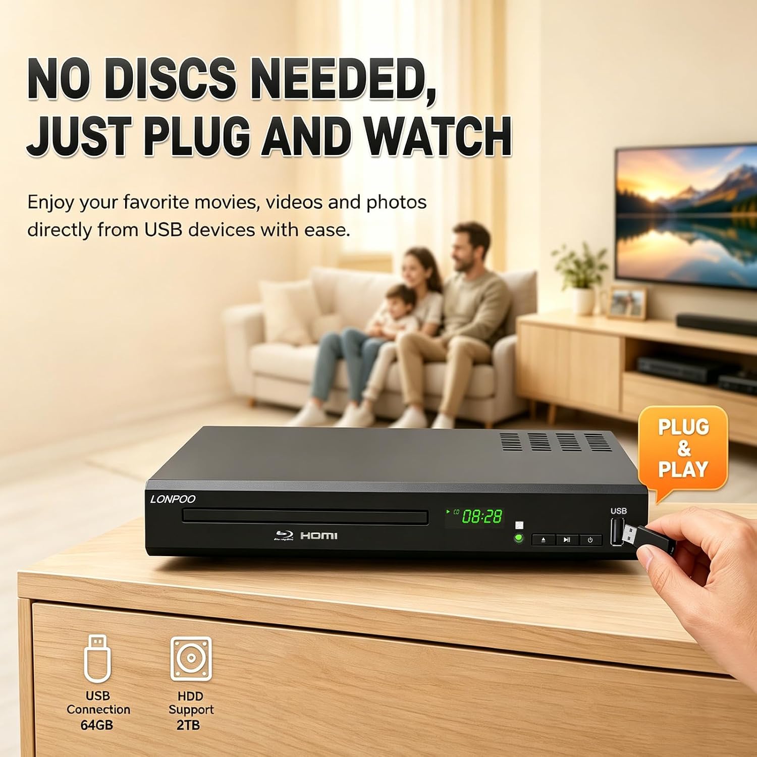 LONPOO LP-100 Blu-Ray Disc Player for TV 1080P DVD CD HDMI USB Upscaling
