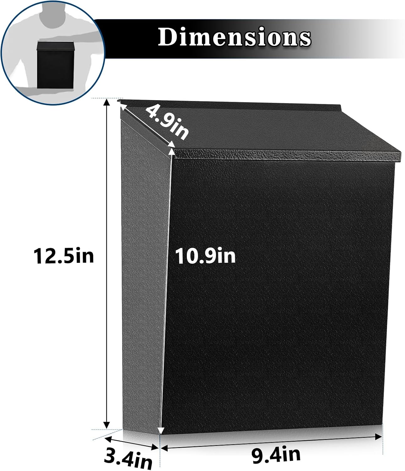 KYODOLED Mailbox for Outside, Wall Mount Locking Mailbox, Security Drop Box with Key Lock for Letters, Cash, Cards, Steel Mail Box for House Office School, 12.4H x 8.54L x 3.35W Inches, Black