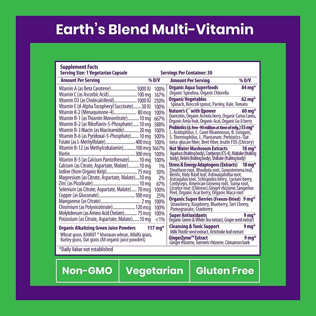 Paradise Herbs & Essentials Once Daily Multivitamin Iron 60 Capsules | Organic superfoods, probiotics, and vitamins A, B12, C, D, K2 in a dietary supplement for immune and bone support.