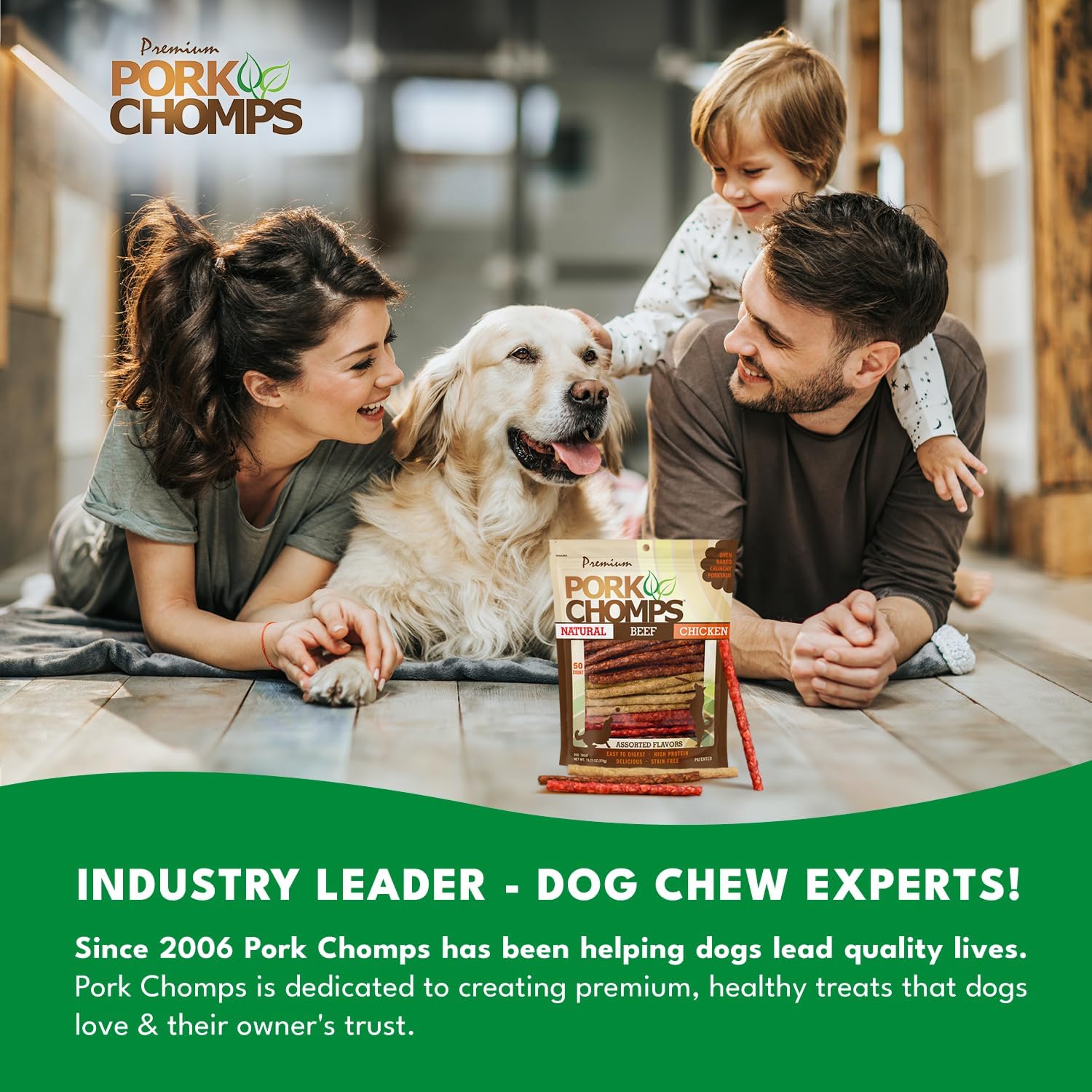 Pork Chomps Dog Chews, 5 in Munchy Sticks, Assorted Flavors, 50 Count | Oven-baked from real pork skin - a rawhide-free chew that's low in fat, high in protein, and easy to digest