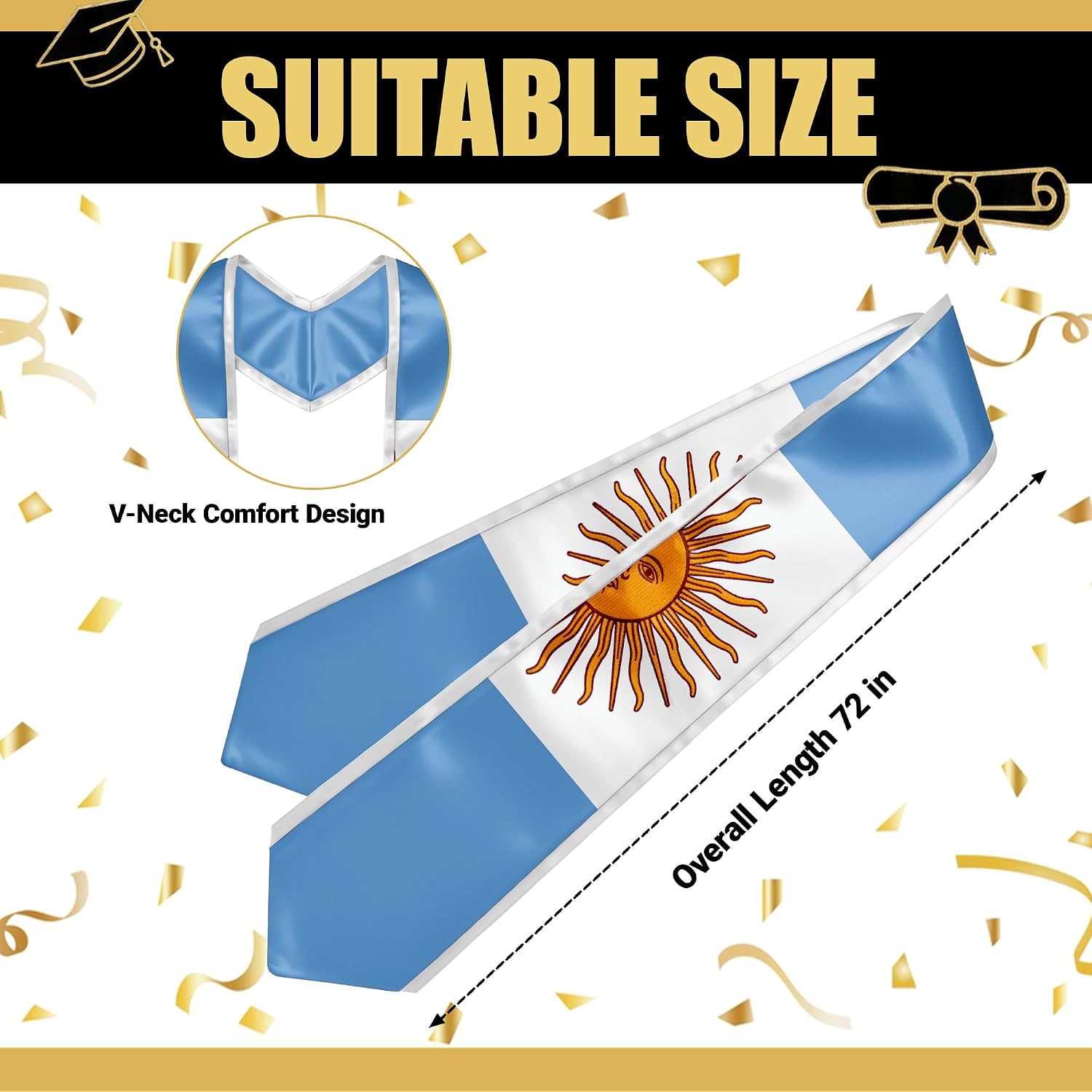 YOXEULL National Flag Embroidered Graduation Stole with Trim, Graduation Sash Graduates Gift, 72"