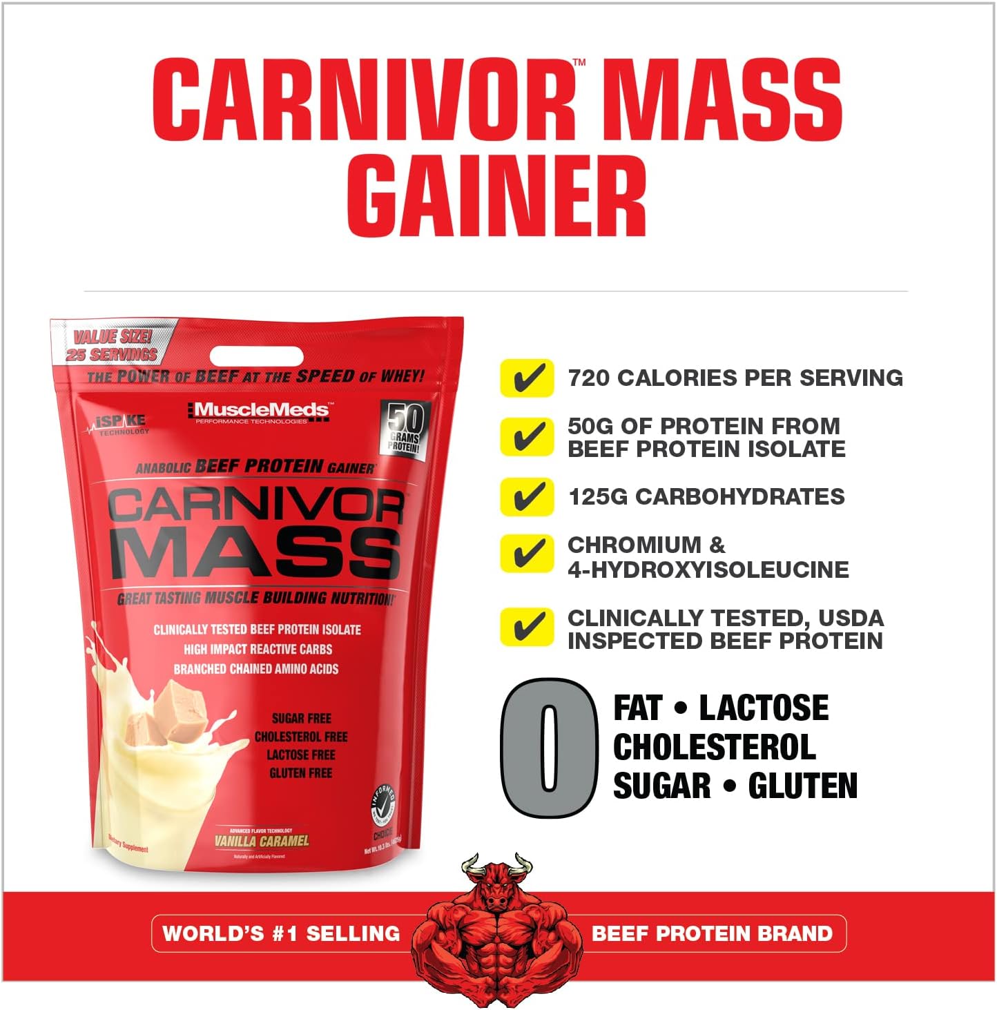 MuscleMeds CARNIVOR Mass Gainer Beef Protein Isolate Shake, 50 Grams Protein, 125 Grams Carbs, 0 Fat, 0 Sugar, Lactose Free, Halal Certified, Chocolate Peanut Butter, 6 Pound