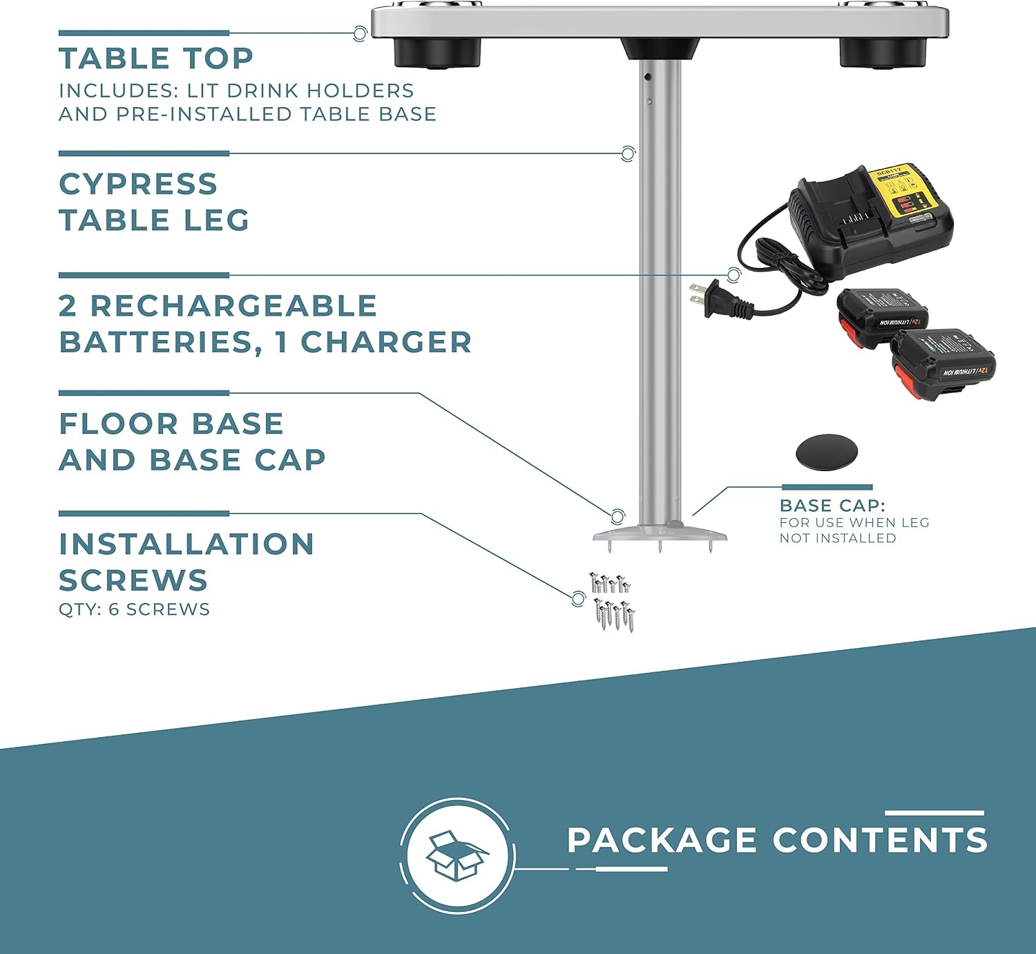 Manufacturers' Select Battery Op Lit Marine Boat Table Leg Set. Large Top with Blue LED Drink Holder. Pontoon Accessories