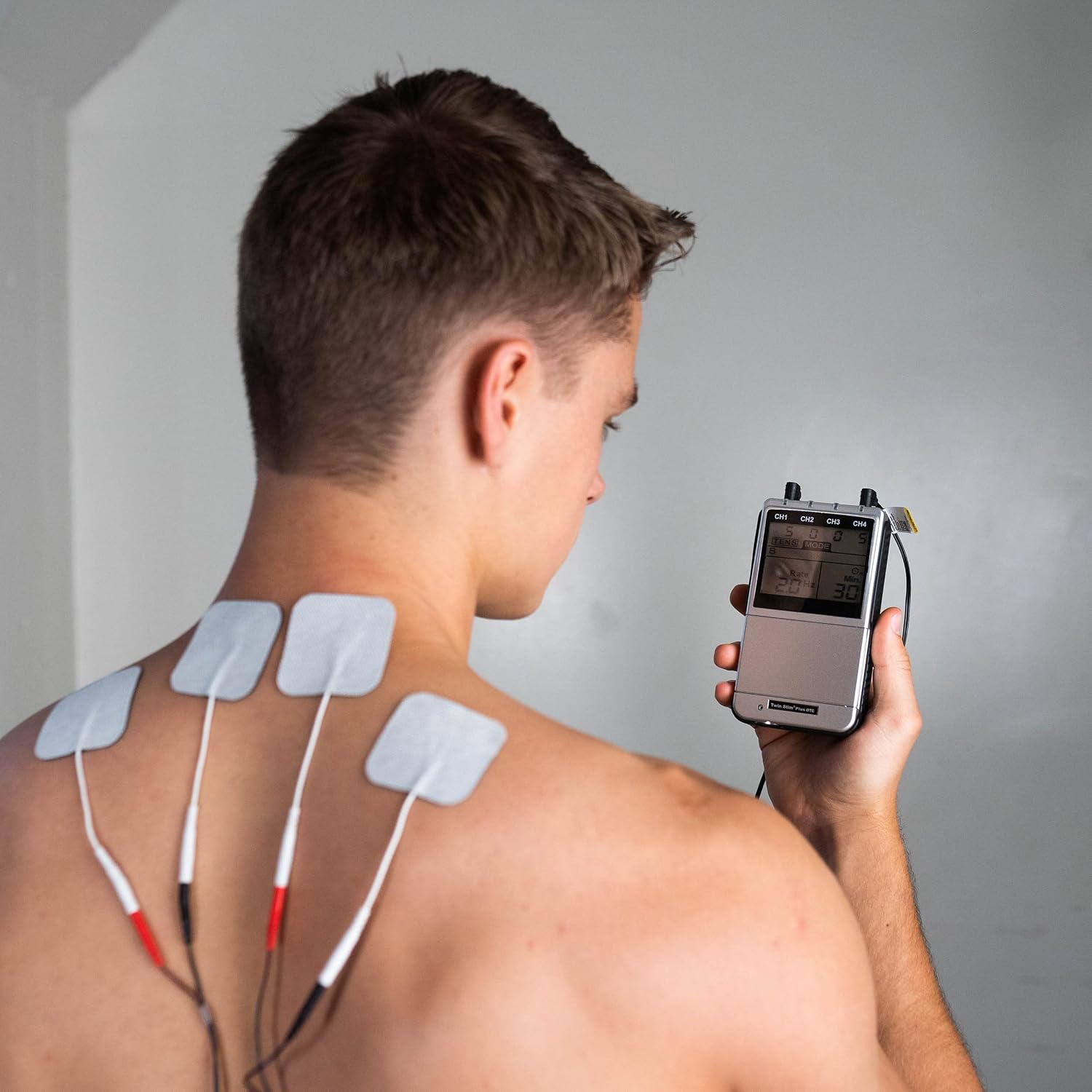 Roscoe Medical TENS Unit and EMS Muscle Stimulator – 16 Electrodes Included, 4-Channel OTC TENS Machine for Back Pain Relief, Lower Back Pain Relief