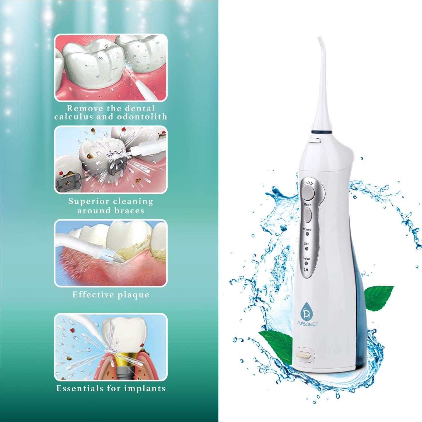 Pursonic USB Rechargeable Oral Irrigator Water Flosser, Helps Remove Plaque and Dilute Harmful Toxins.