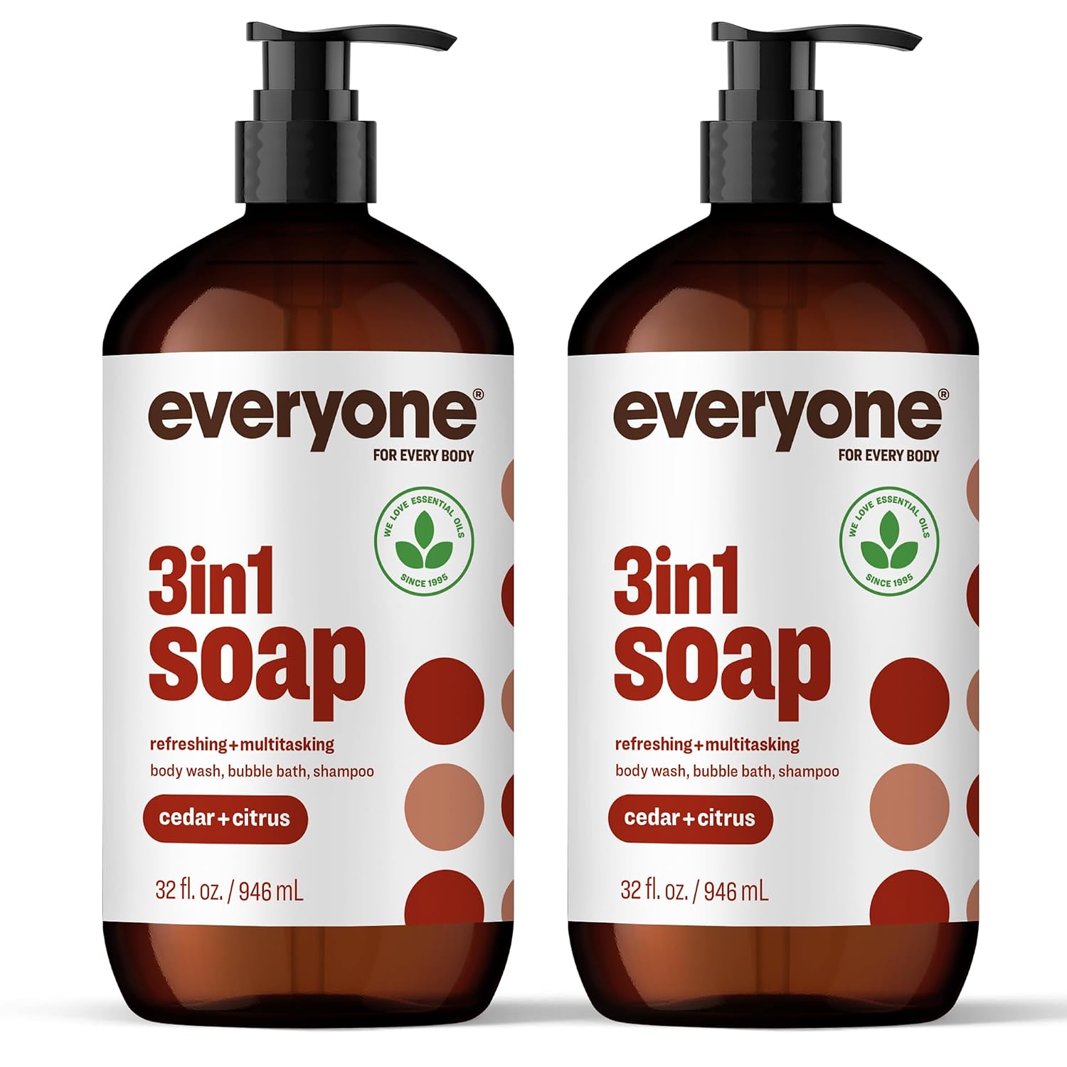 Everyone 3-in-1 Soap Body Wash Bubble Bath Shampoo Coconut Lemon 32oz 2pk | Natural essential oil formula | body wash | shampoo | bubble bath in one | coconut lemon scent | bulk value 2-pack