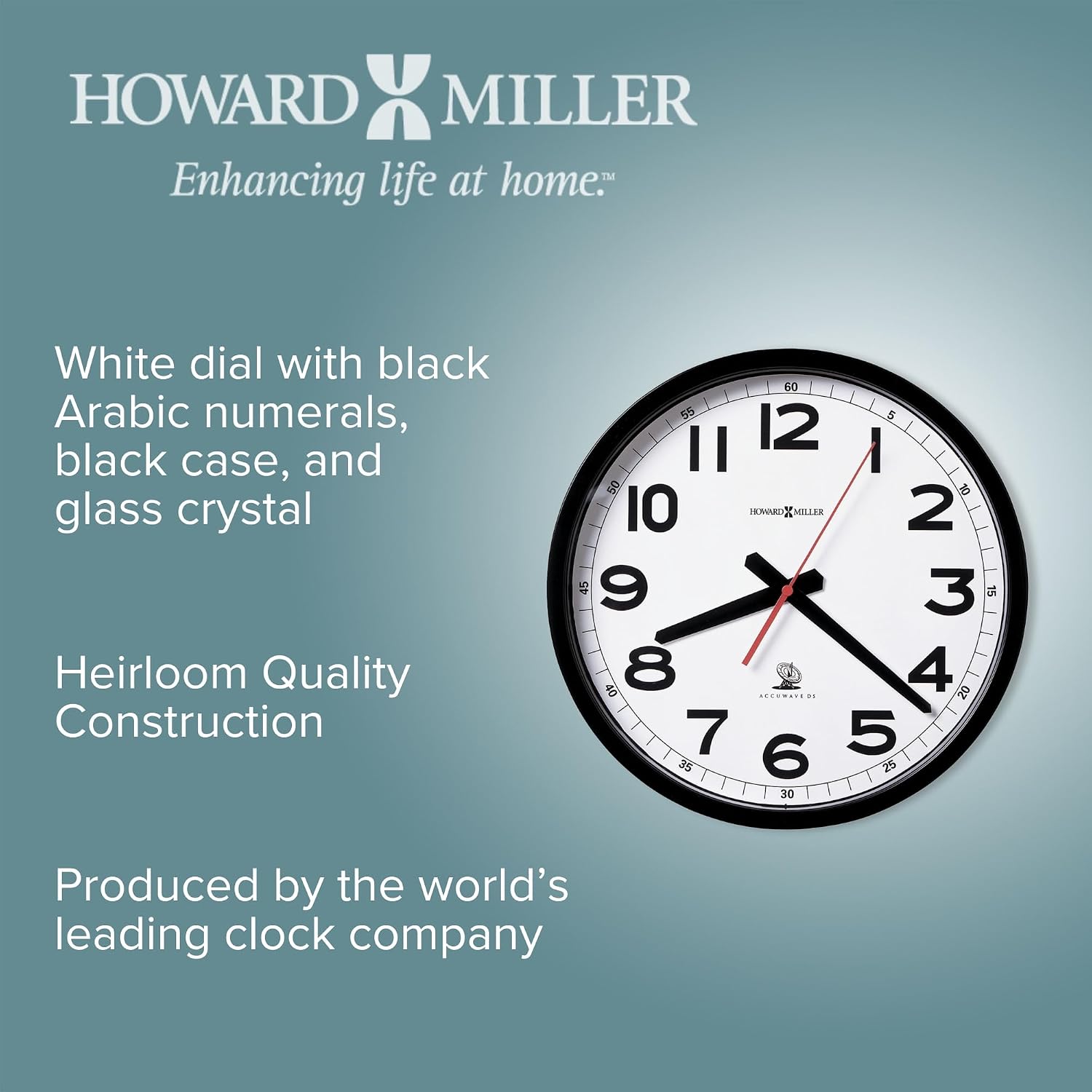 Howard Miller Accuwave Wall II Radio-Controlled Wall Clock – Auto Time Zone & DST, Soft Tick, White Dial, Crystal Glass, AA Battery