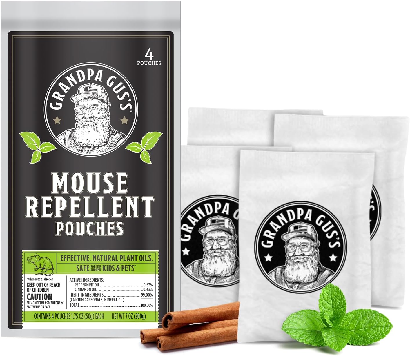 Grandpa Gus's Mouse Repellent Pouches, Natural Peppermint Oil, 4 Pouches | Cinnamon & Peppermint Oil Helps Repel Mice from Nesting in Home/Cabin/Boat/Car Storage/RV/Machinery/Shed, Kid & Pet Safe